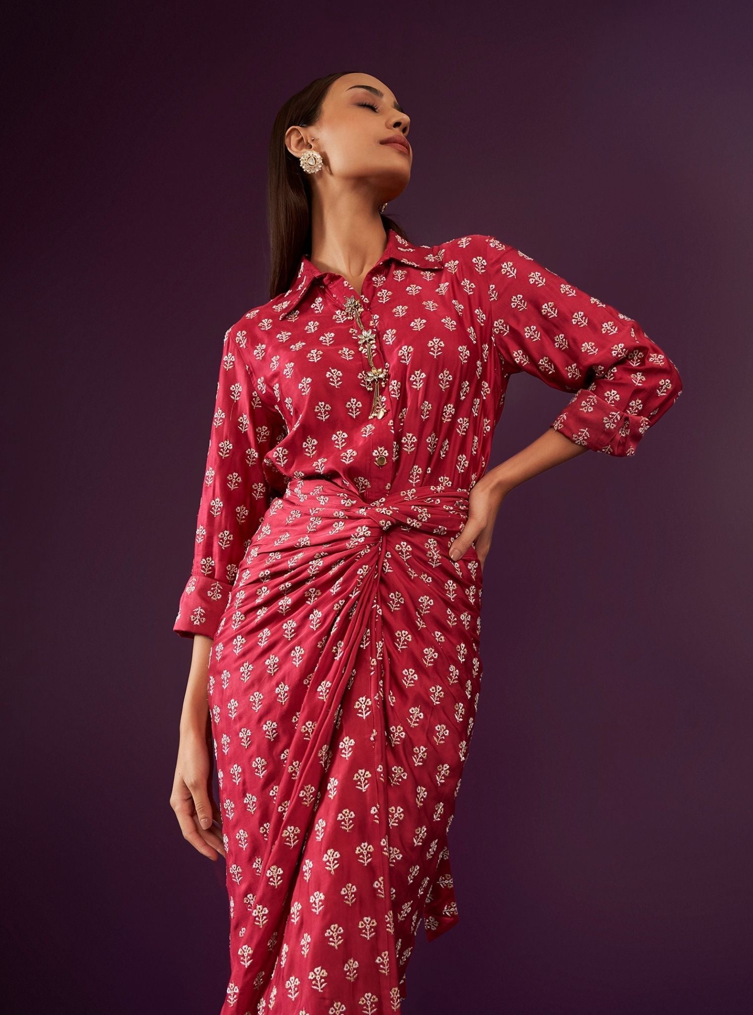 Mulmul Cupro Satin Florine Fuschia Shirt With Mulmul Cupro Satin Florine Fuschia Skirt