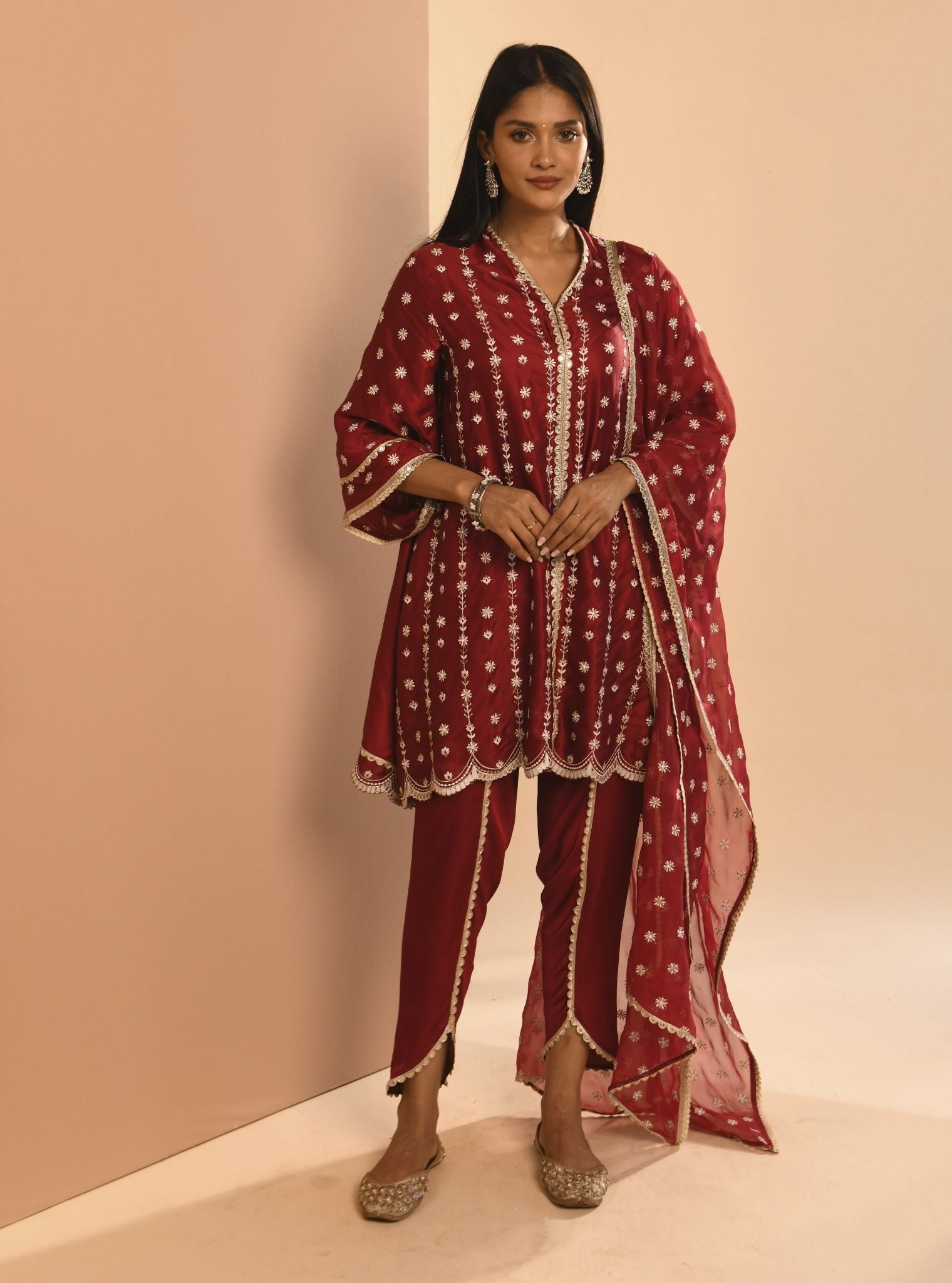 Mulmul Cupro Amara Wine Kurta With Mulmul Cupro Amara Wine Dhoti Pant