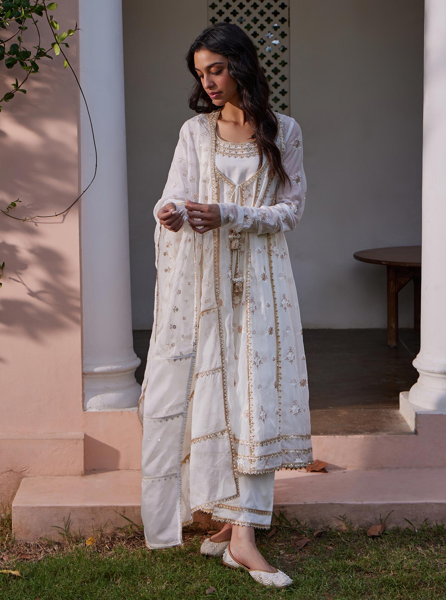 Mulmul Organza Agira Anarkali Off white Kurta with Mulmul Pima Agira Off white Pant