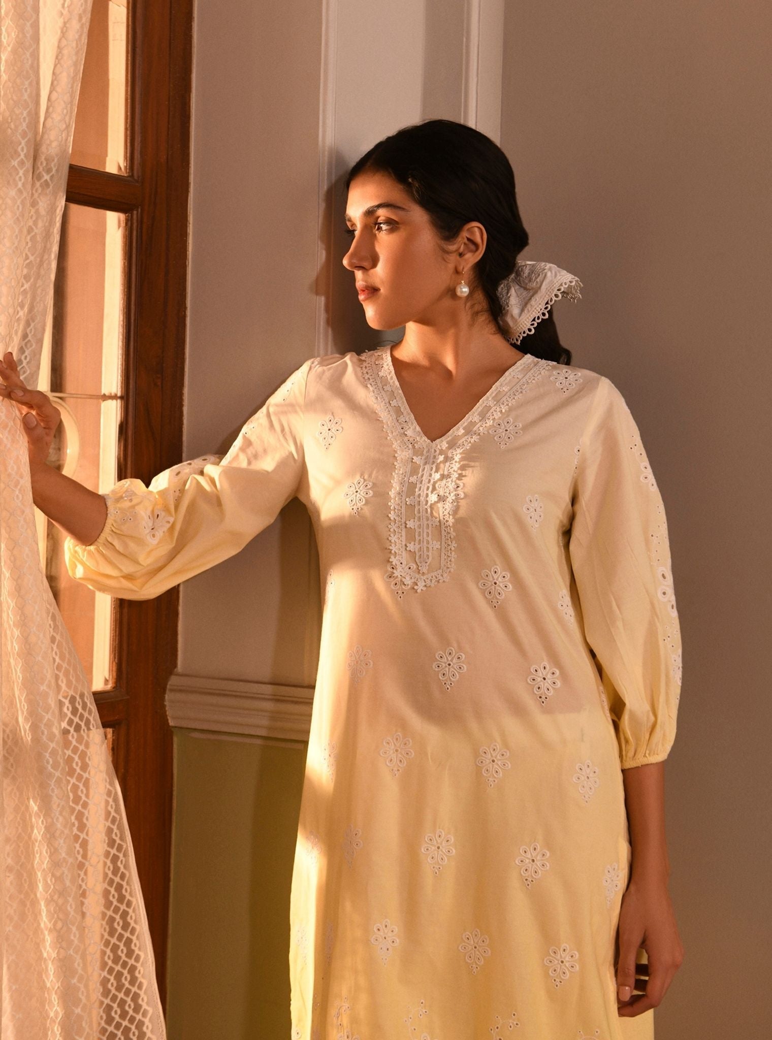 Mulmul Cotton Malta Yellow Kurta With Mulmul Cotton Malta Yellow Pant