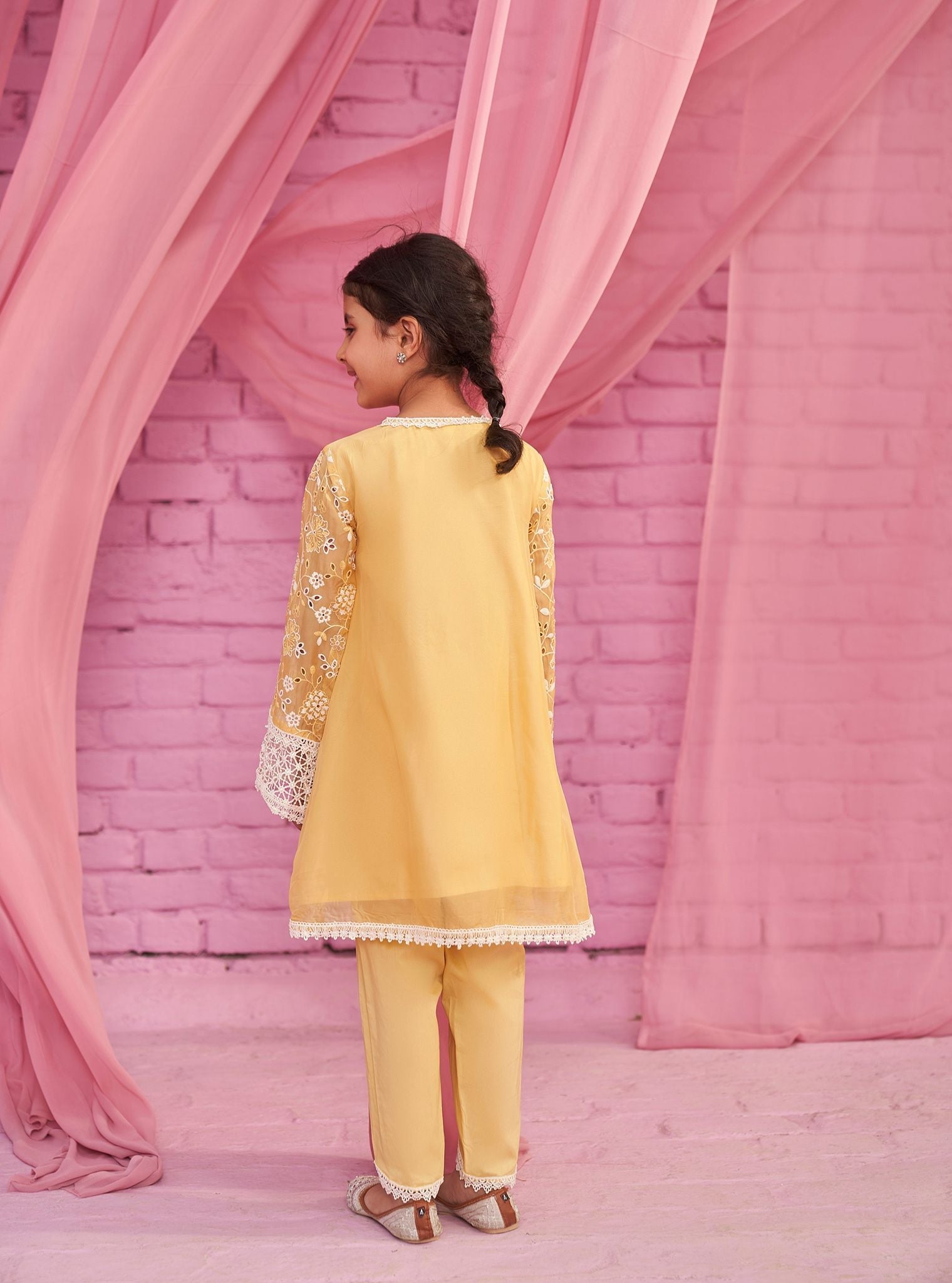 Mulmul Organza Safira Yellow Kurta With Mulmul Cotton Safira Yellow Dhoti Pant