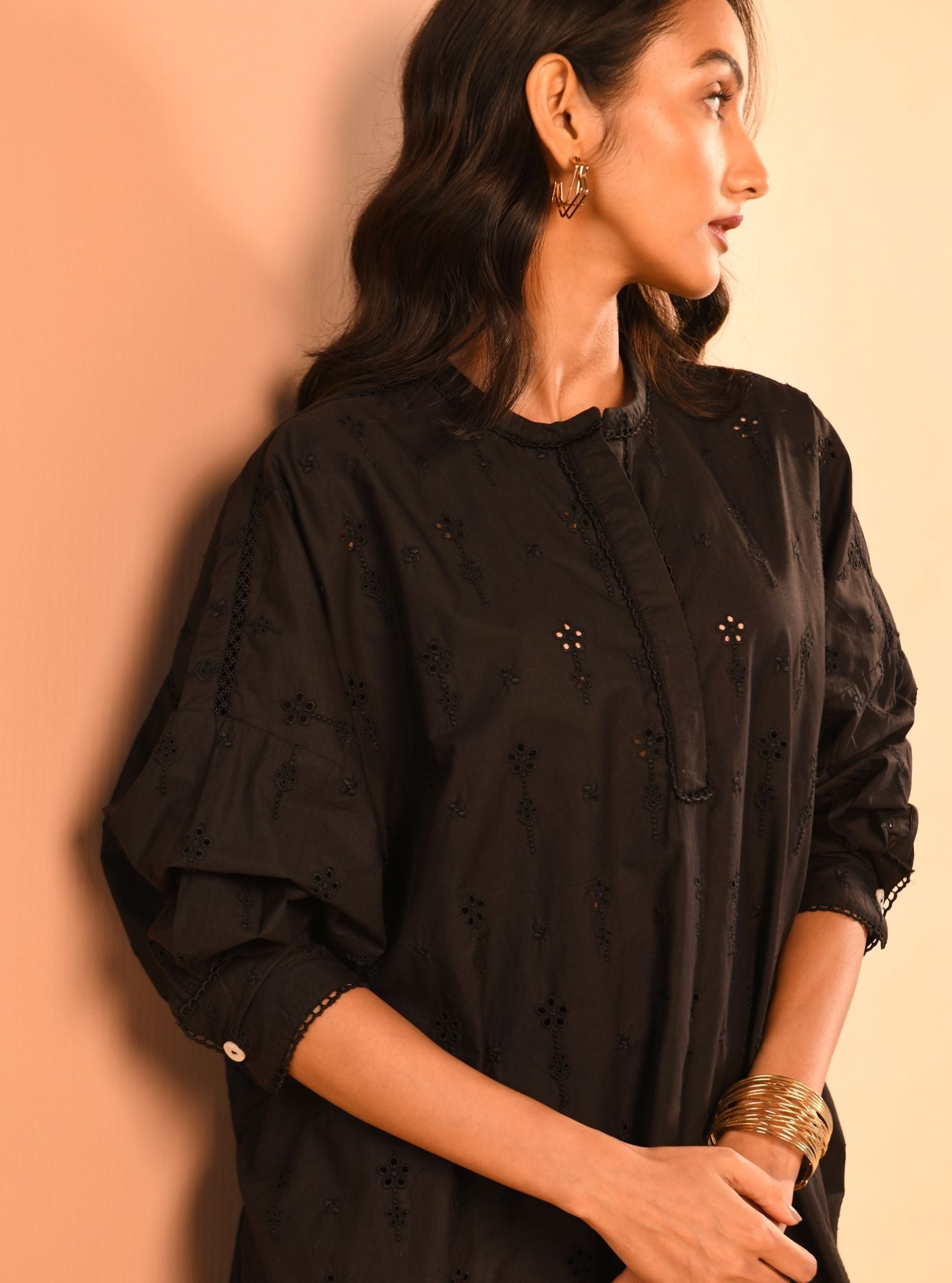 Mulmul Cotton Oriana Black Kurta With Mulmul Cotton Oriana Black Pant