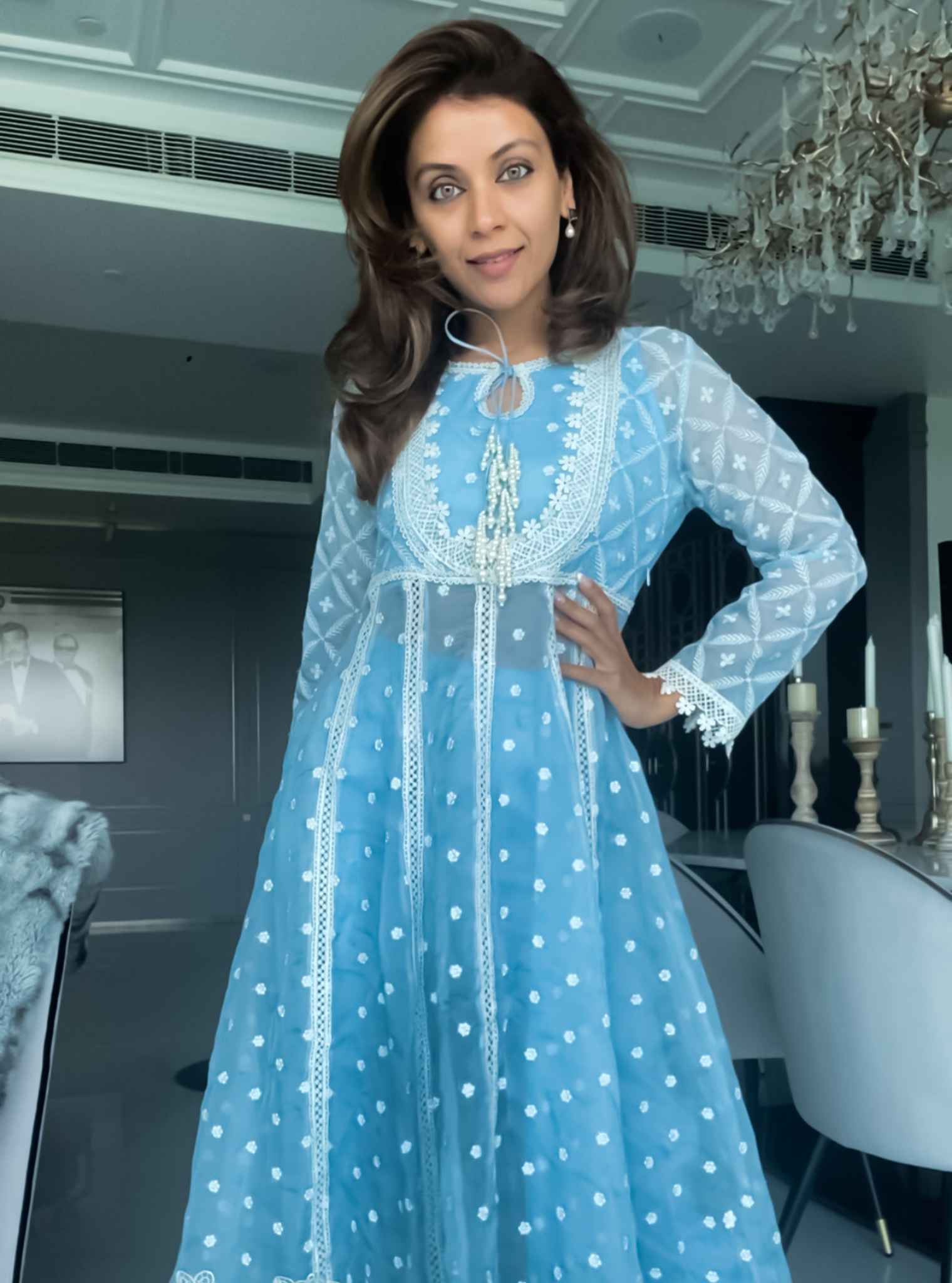 Mulmul Organza Valerie Anarkali Blue Kurta With Supima Cotton Valerie Blue Pant