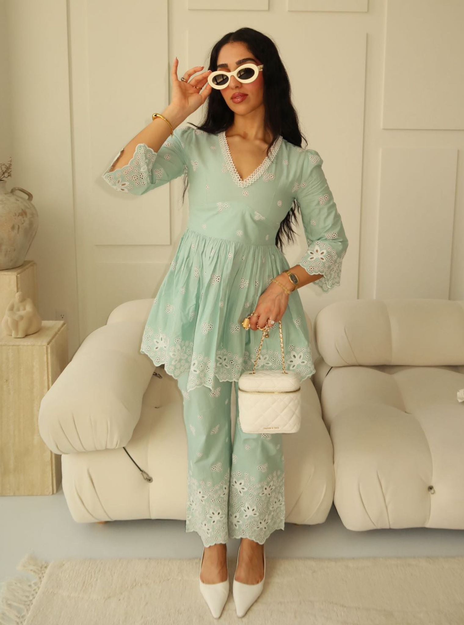 Mulmul Cotton Ayn Teal Blue Top With Mulmul Cotton Ayn Teal Blue Pant