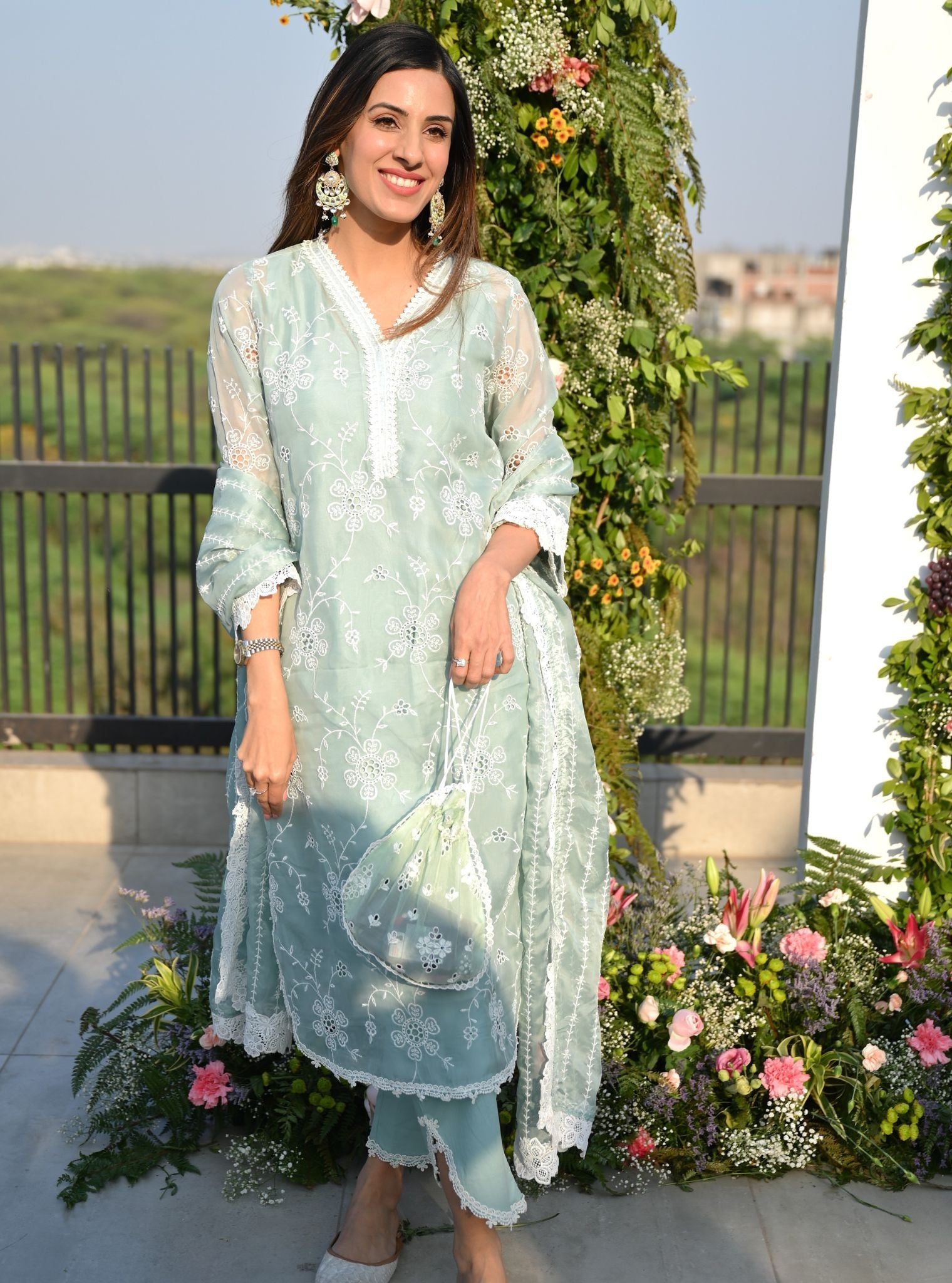 Mulmul Organza Nezira Teal Blue Kurta With Mulmul Cotton Nezira Teal Blue Pant