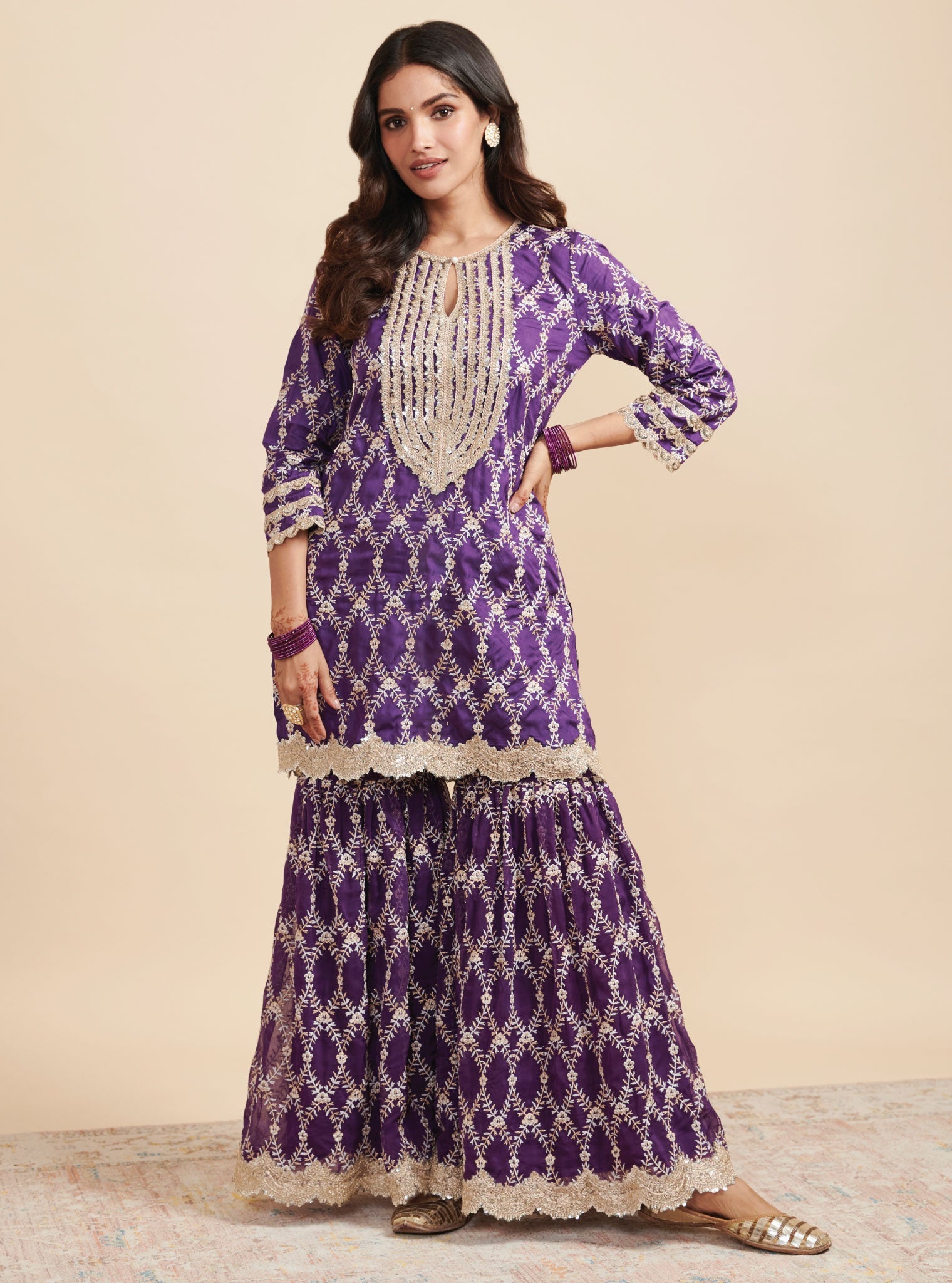 Mulmul Silk Kajra Purple Short Kurta With Mulmul Organza Kajra Purple Garara