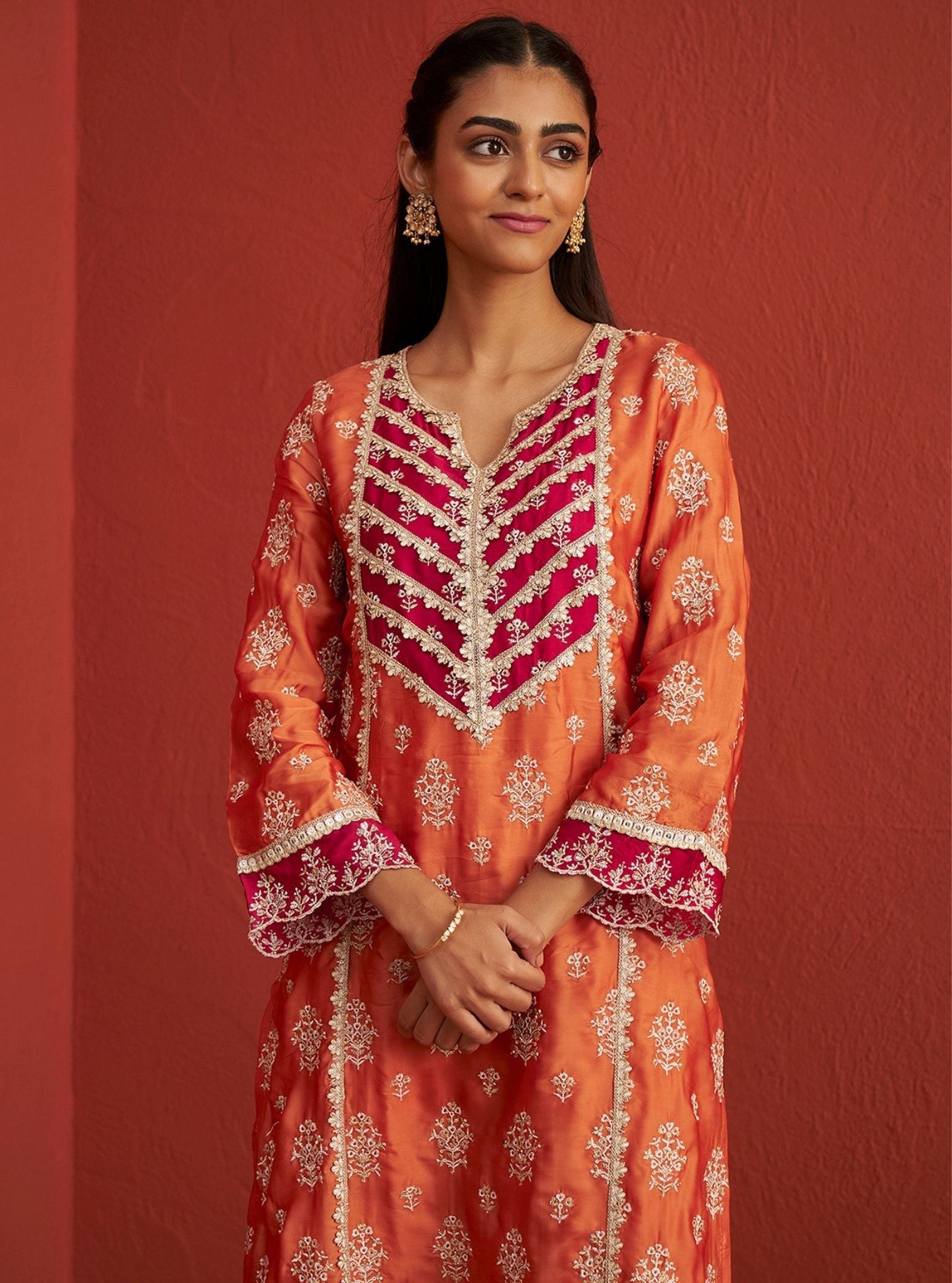 Mulmul Organza Satin Shubh Burnt Orange Kurta With Mulmul Pima Satin Shubh Burnt Orange Pant