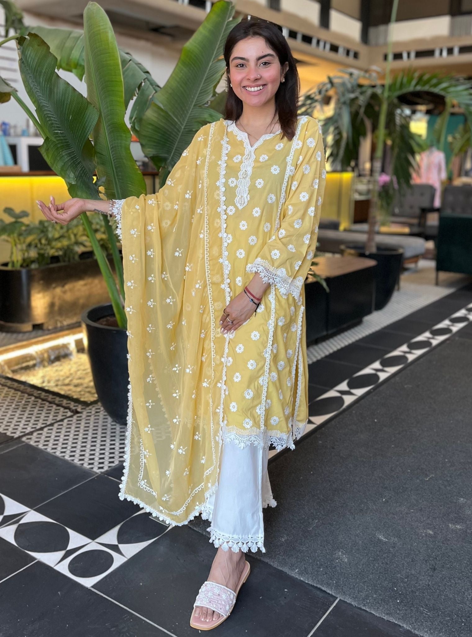 Mulmul Cotton Cathy Yellow Kurta With Mulmul Cotton Tassel Pyajama