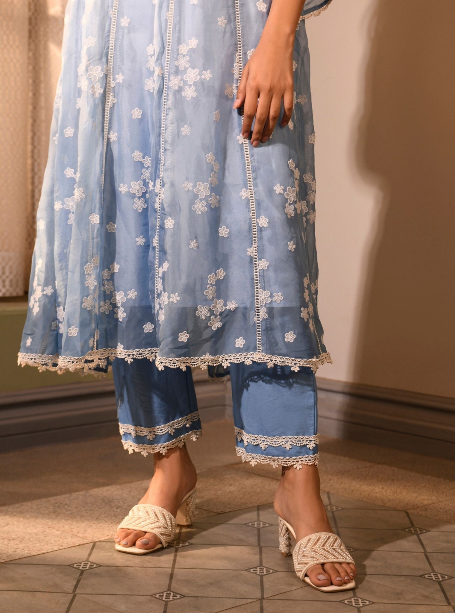 Mulmul Organza Aira Blue Anarkali  Kurta With Mulmul Cotton Aira Blue Pant