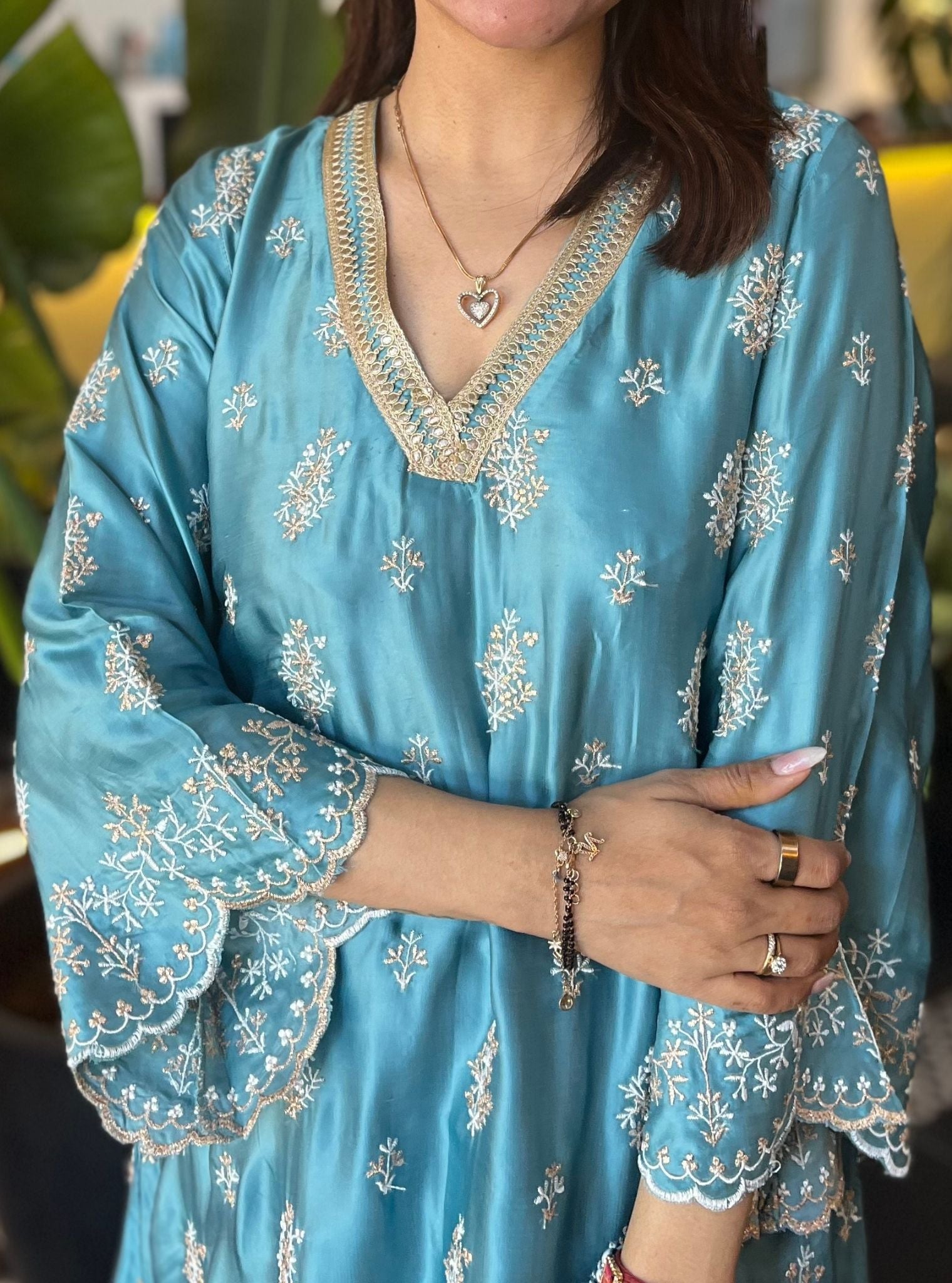 Mulmul Cupro Satin Callaia Teal Blue kurta With Mulmul Cupro Satin Callaia Teal Blue Salwar