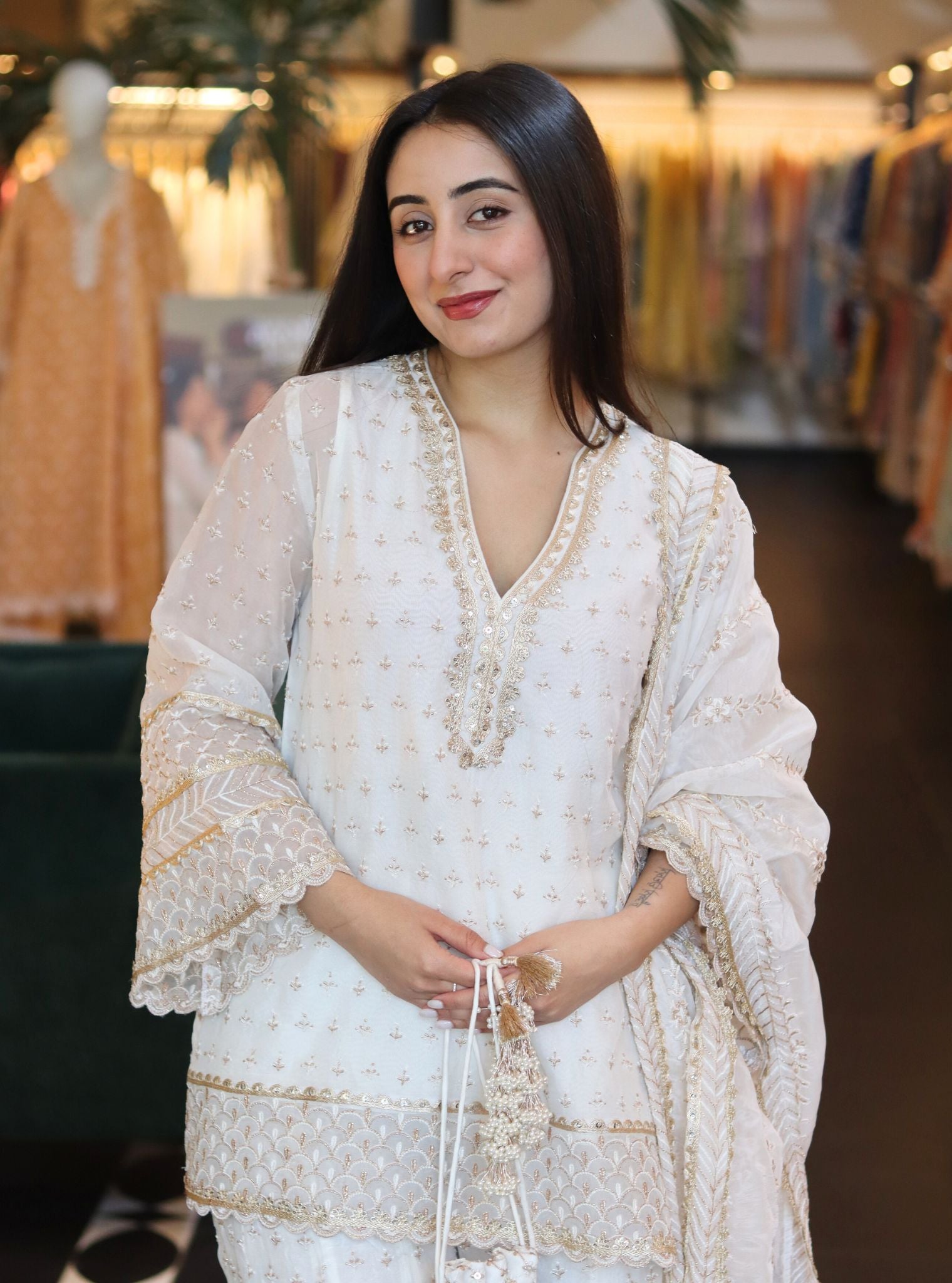 Mulmul Organza Sangli Off White Kurta with Sleeve With Mulmul Organza Sangli Off White Sharara