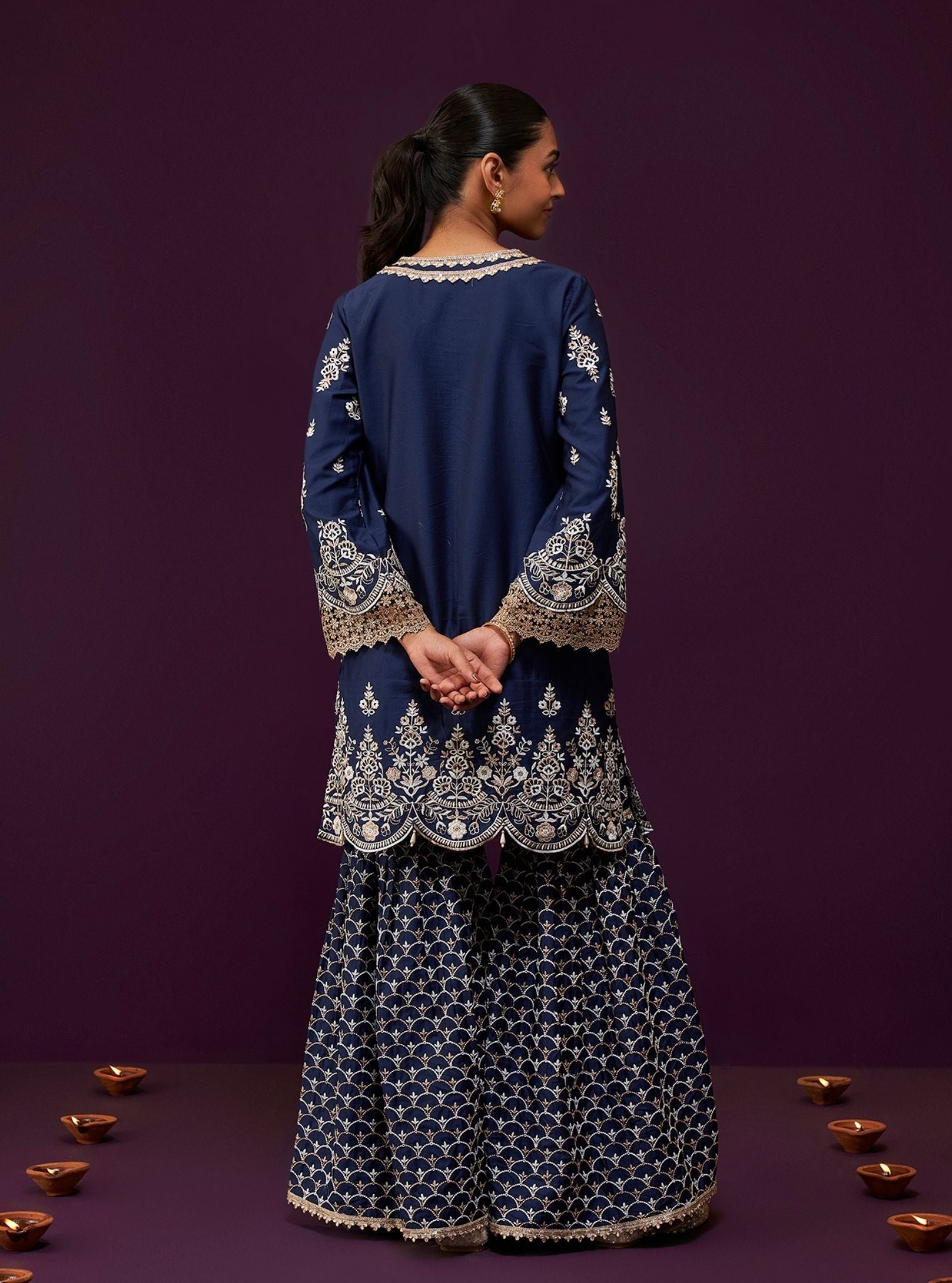 Mulmul Pima Satin Aree Navy Kurta With Mulmul Pima Satin Aree Navy Garara