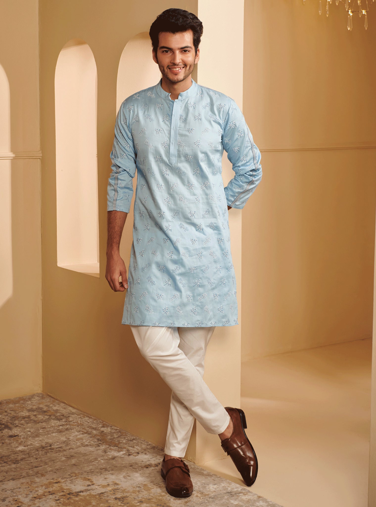 Mulmul Pima Satin Elio light blue Kurta With Mulmul Cotton Elio White Pyajama