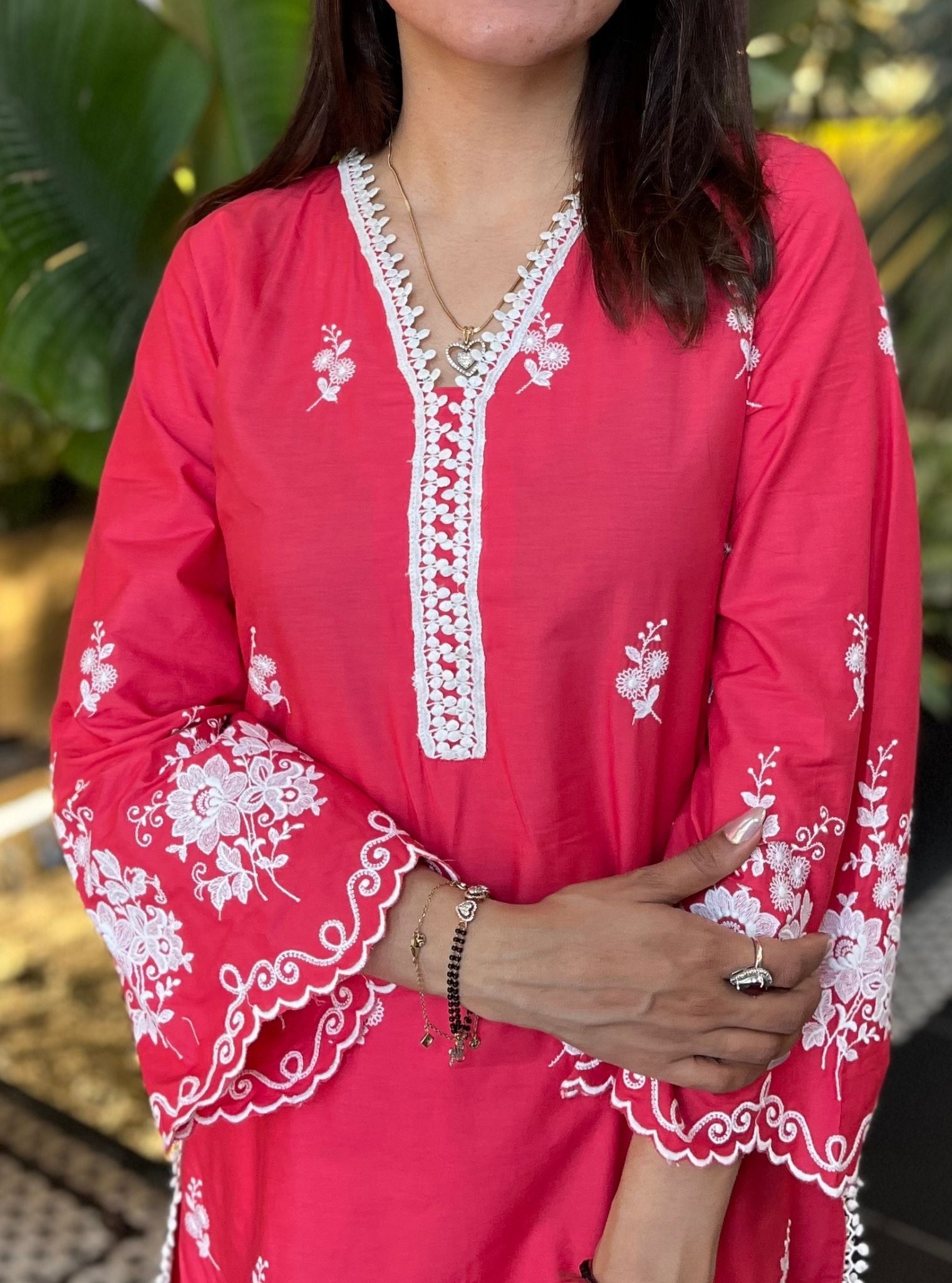 Mulmul Cotton Love Song Red Kurta With Mulmul Cotton Slit Pant White