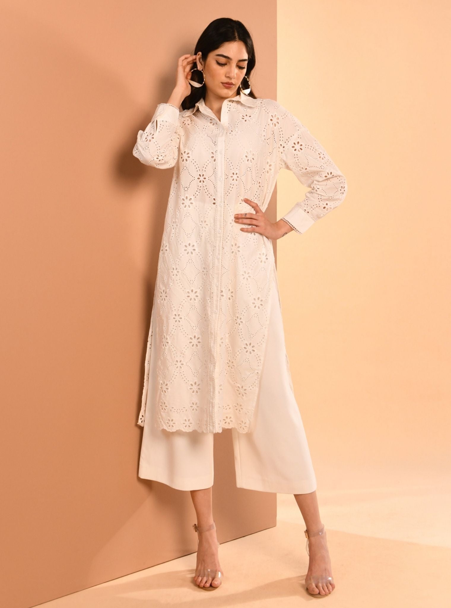 Mulmul Cotton Trix White Long Shirt