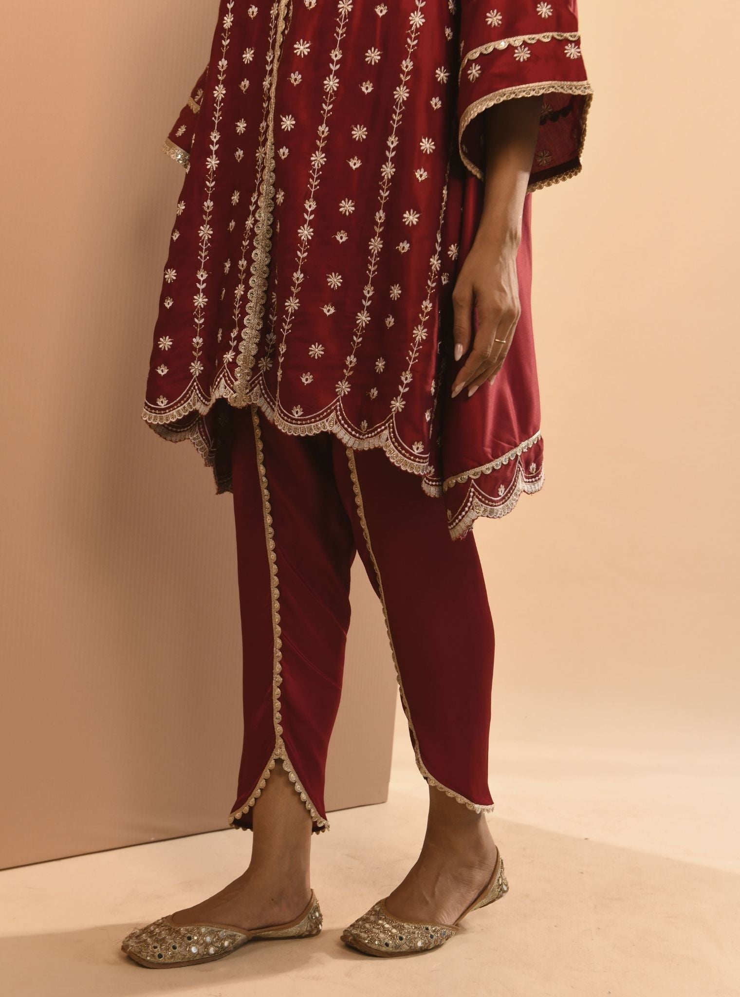 Mulmul Cupro Amara Wine Kurta With Mulmul Cupro Amara Wine Dhoti Pant