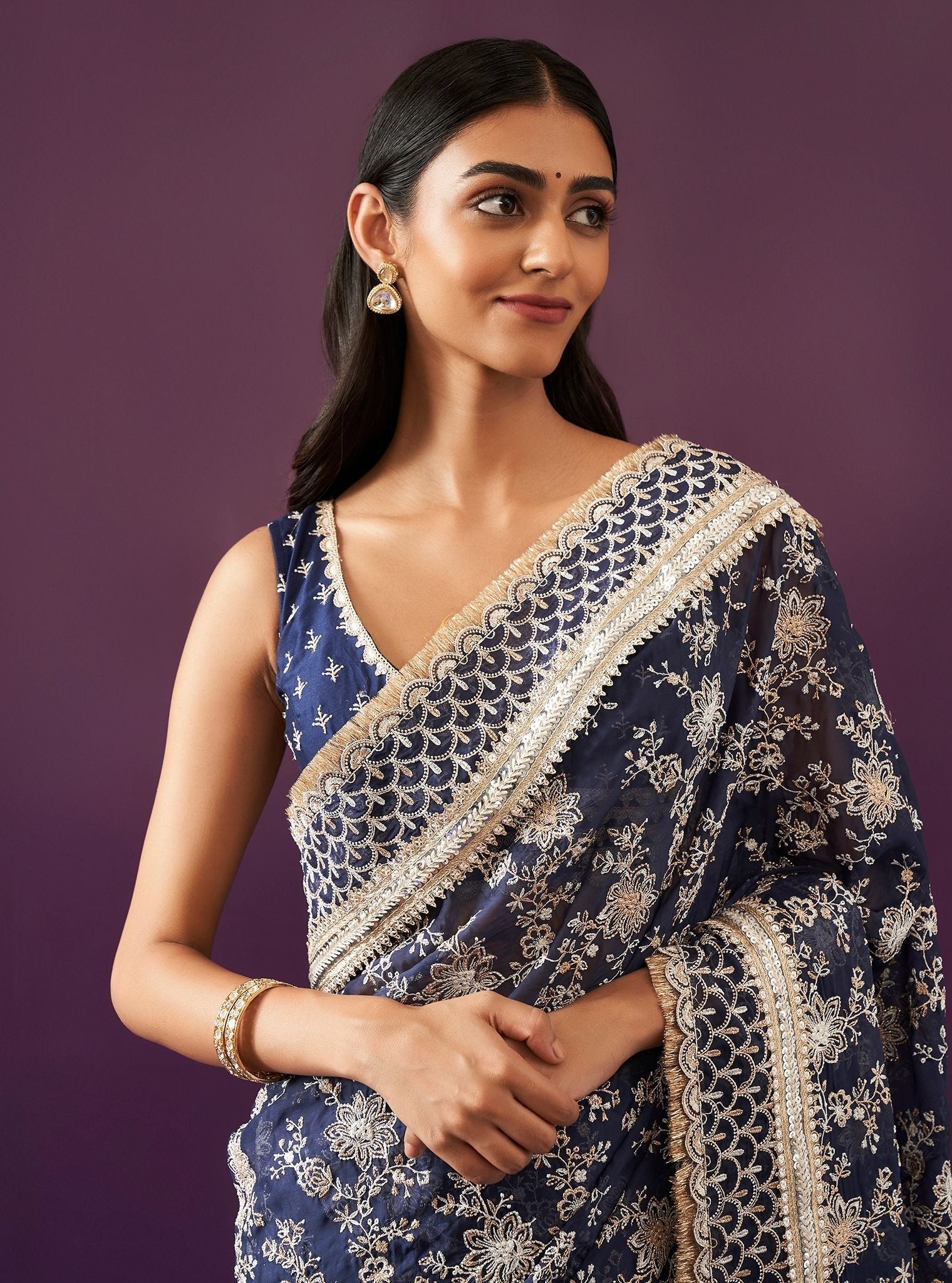 Mulmul Organza Kamon Navy Saree