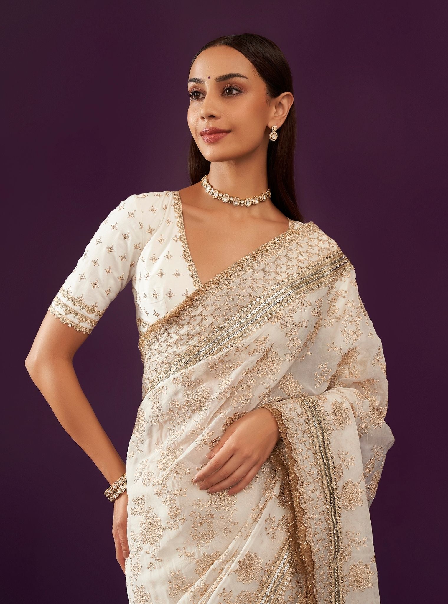 Mulmul Organza Kamon Off White Saree