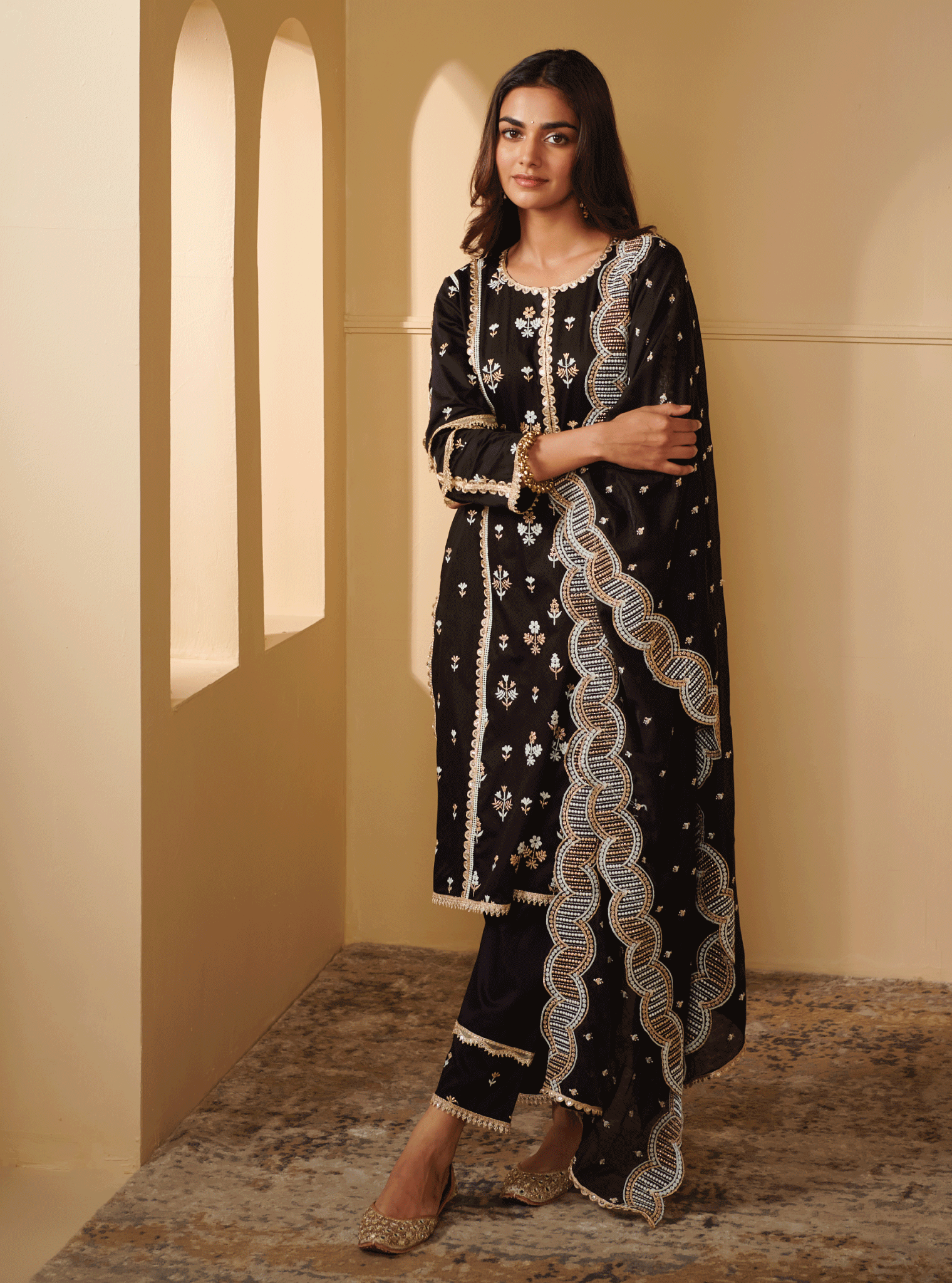 Mulmul Pima Satin Kaveri Black Kurta With Kaveri Black Pant