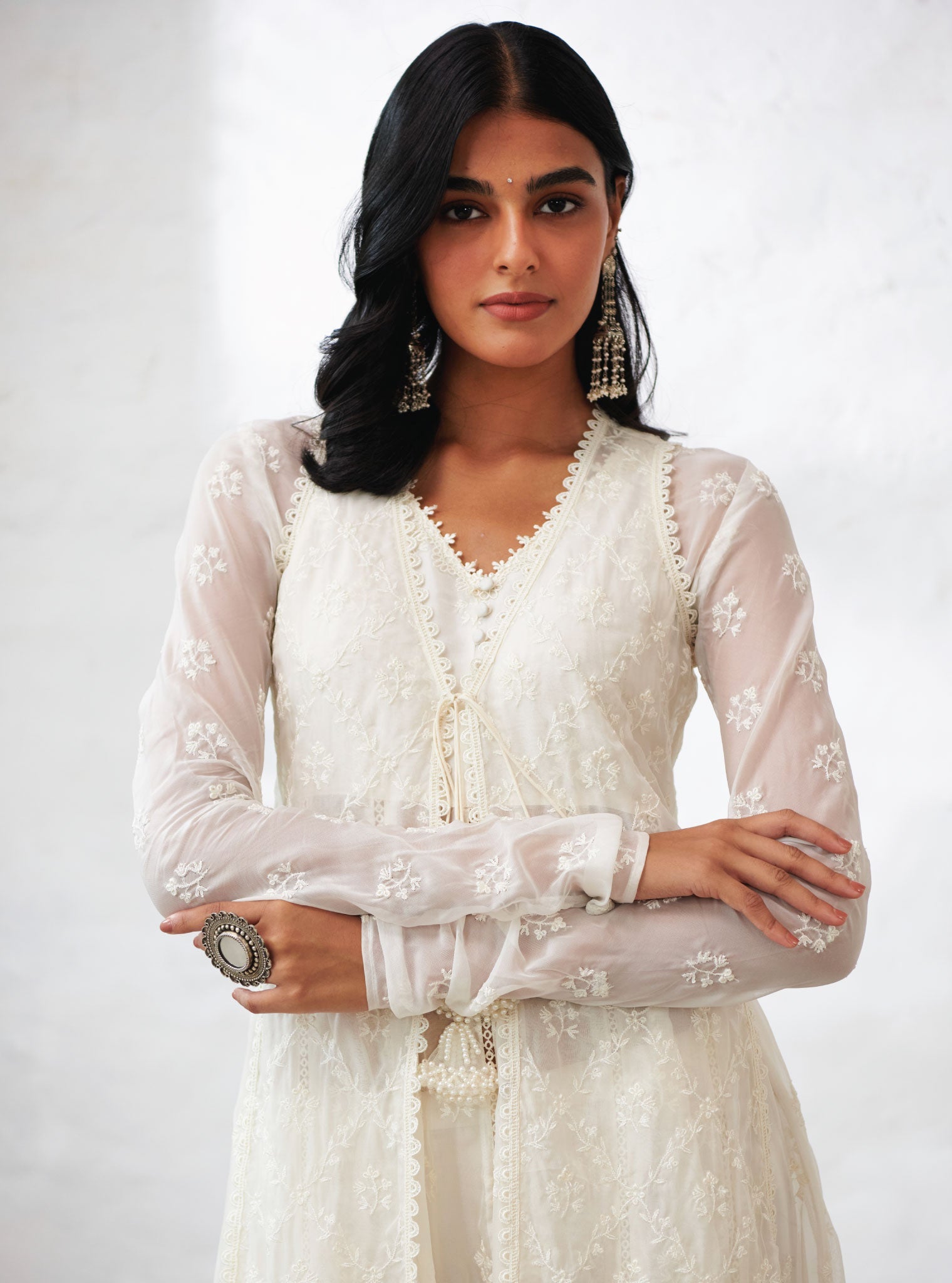 Mulmul Organza Essex Off White Anarkali Kurta with Organza Jacket With Cotton Essex Off White Pant