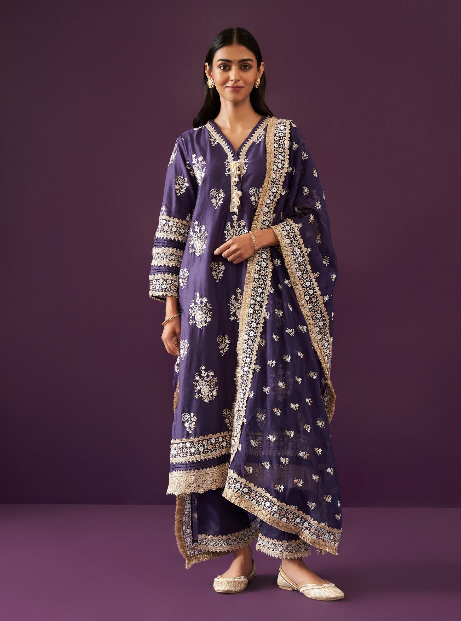 Mulmul Pima Satin Nalin Purple Kurta With Mulmul Pima Satin Nalin Purple Pant