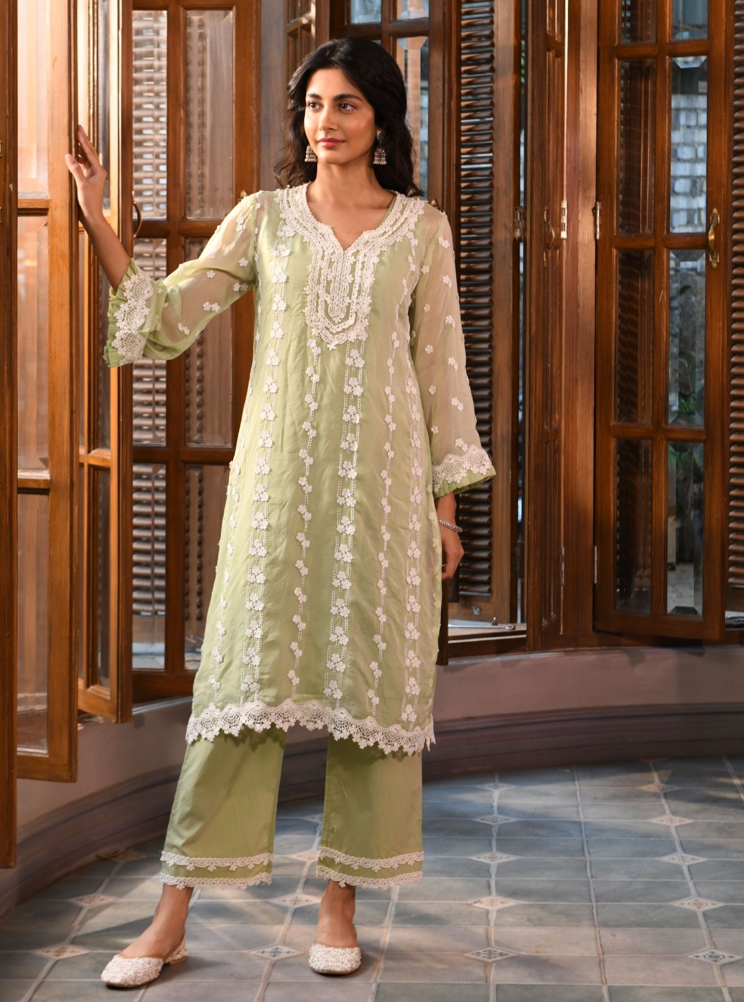 Mulmul Organza Azita Green Kurta With Mulmul Cotton Azita Green Pant