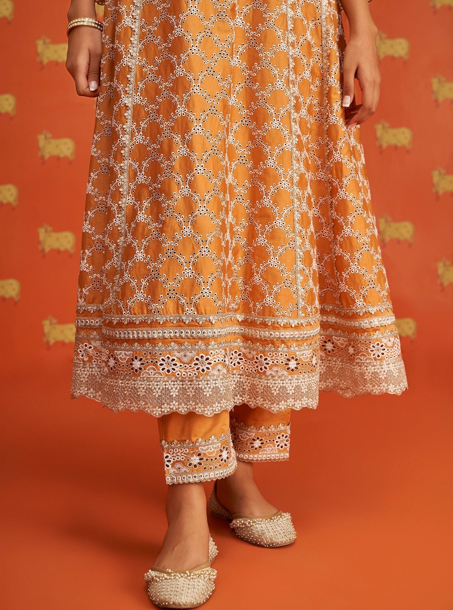 Mulmul Pima Satin Caem Orange Kurta With Mulmul Pima Satin Caem Orange Pant