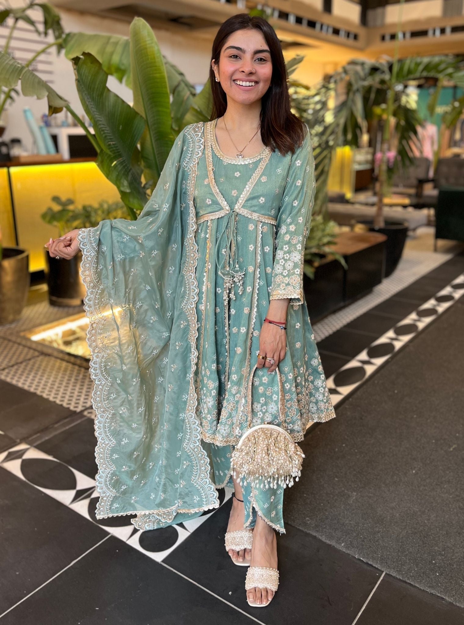 Mulmul Tissue Satin Sajeya Teal Blue Anarkali Kurta with Mulmul Luxe Tissue Satin Sajeya Teal Blue Dhoti Pant