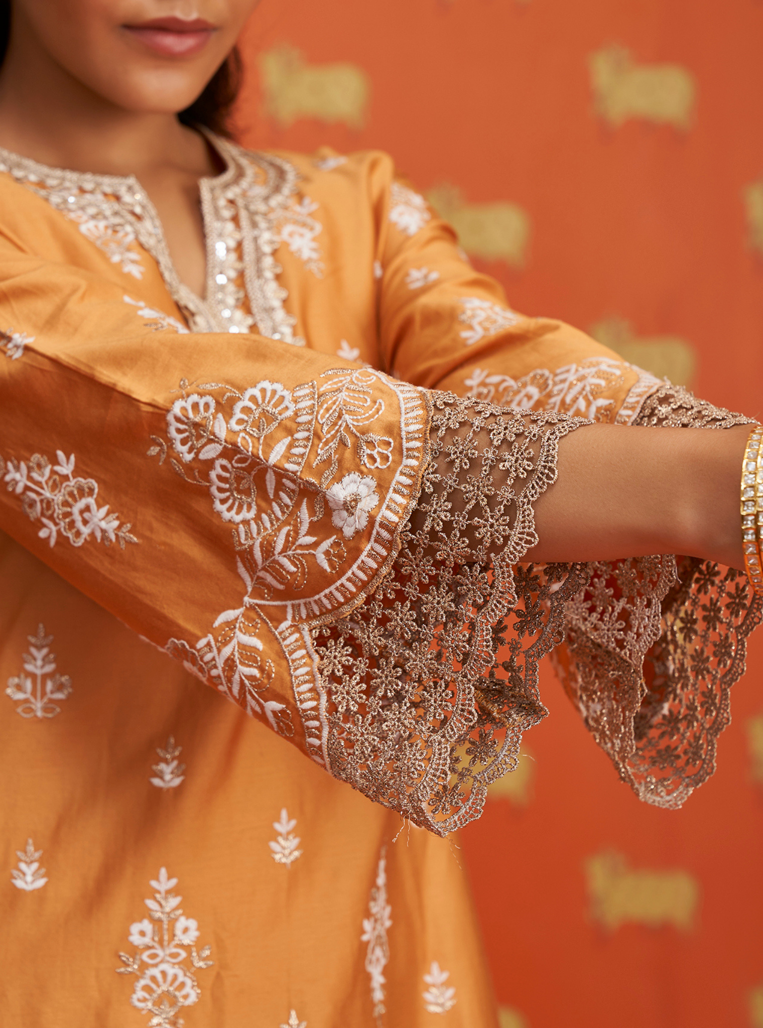 Mulmul Pima Satin Aree Orange Kurta With Mulmul Pima Satin Aree Orange Garara