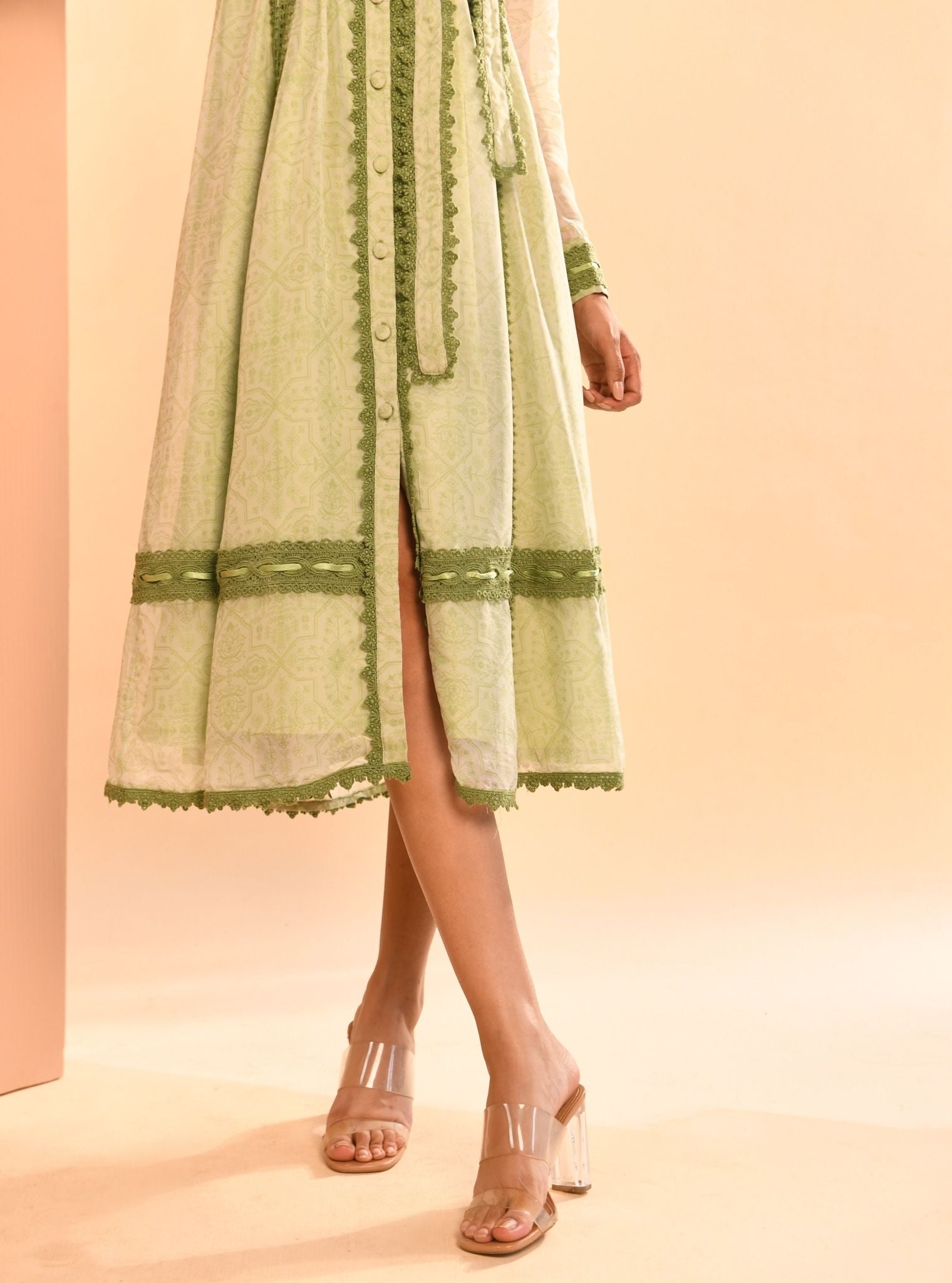 Mulmul Organza Liz Printed Green Long Dress