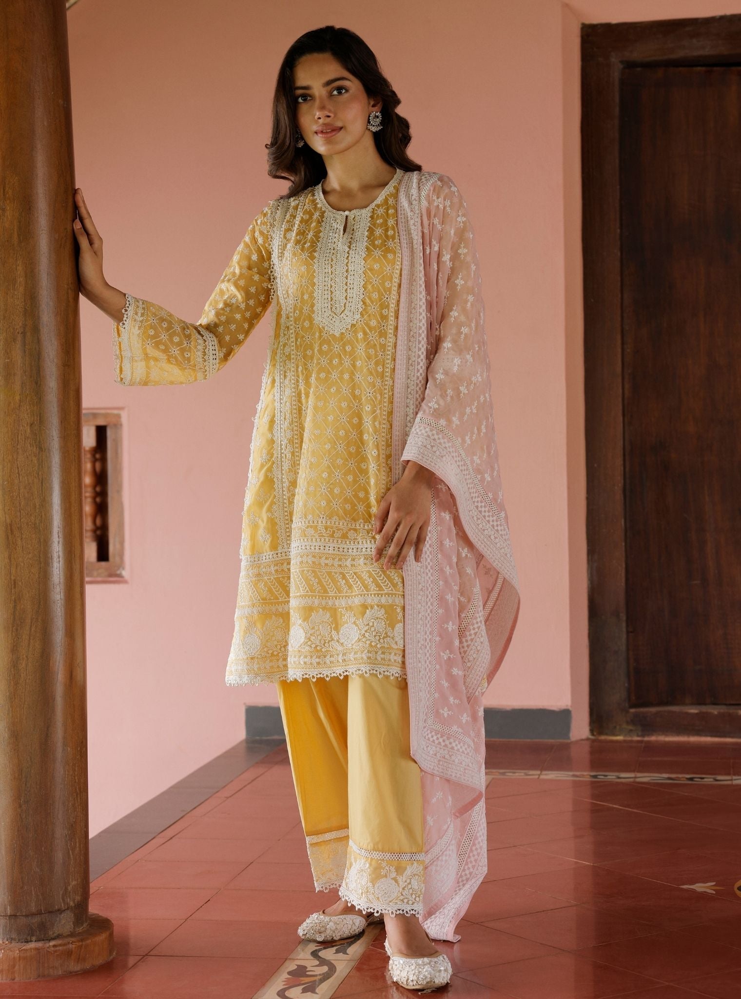 Mulmul Organza Sritha Yellow Kurta With Mulmul Cotton Sritha Yellow Pant