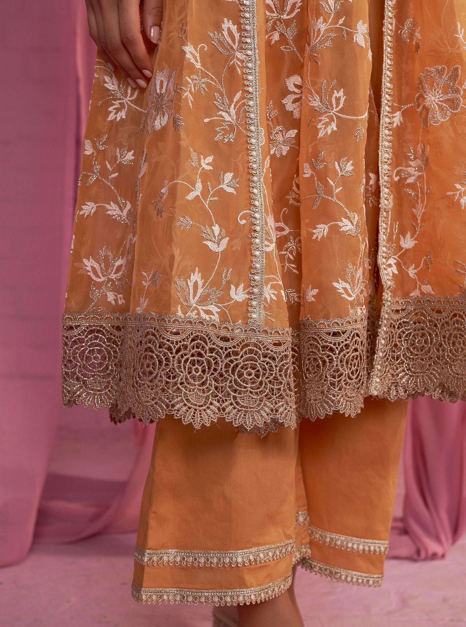 Mulmul Organza Sharvi Orange Anarkali Kurta With Mulmul Cotton Sharvi Orange Pant