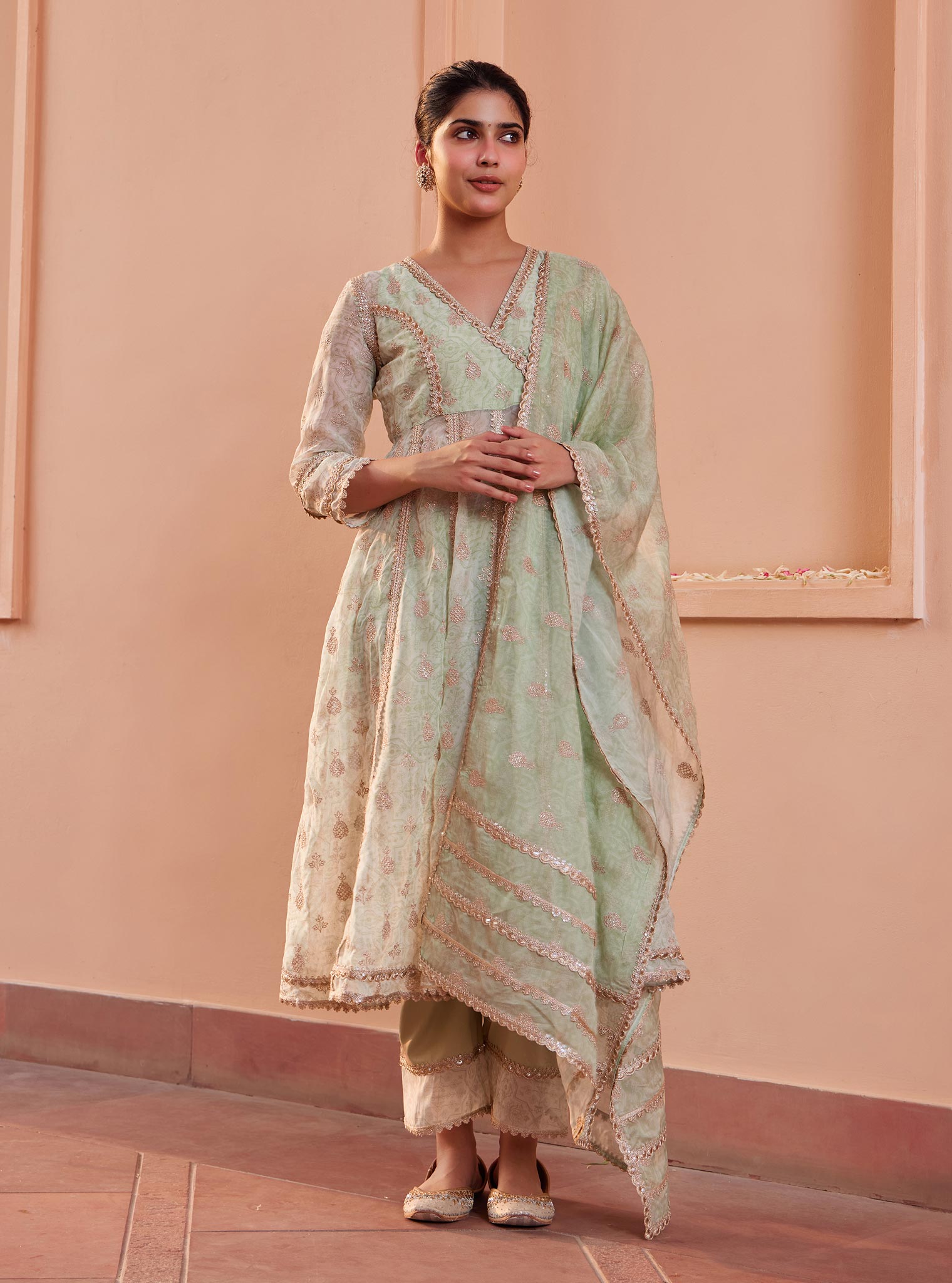 Mulmul Organza Vamsi Anarkali Green Kurta with Mulmul Pima Vamsi Green Pant