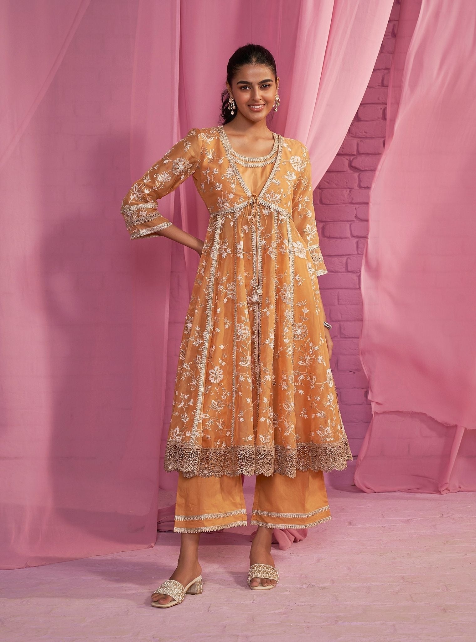 Mulmul Organza Sharvi Orange Anarkali Kurta With Mulmul Cotton Sharvi Orange Pant