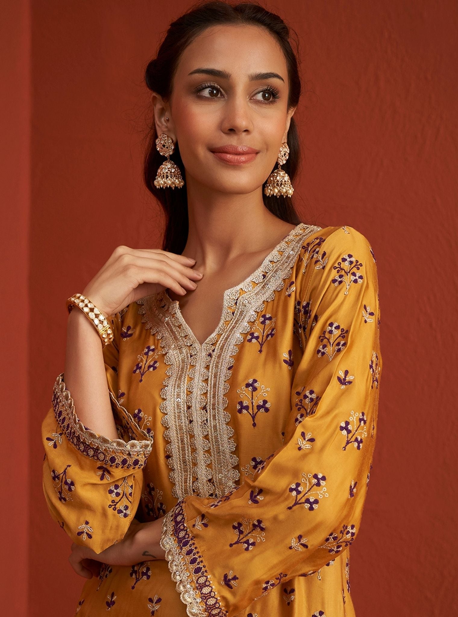 Mulmul Bemberg Satin Mahiya Mustard Kurta With Mulmul Bemberg Satin Mahiya Mustard Garara