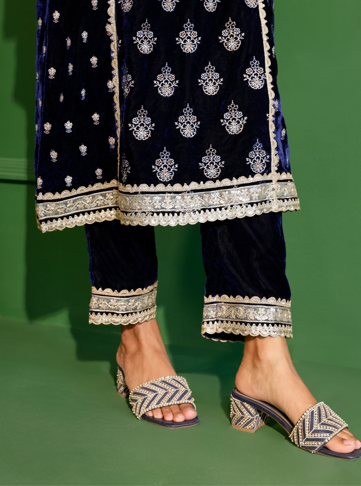 Mulmul Velvet Ghazal Navy Kurta With Mulmul Velvet Ghazal Navy Pant