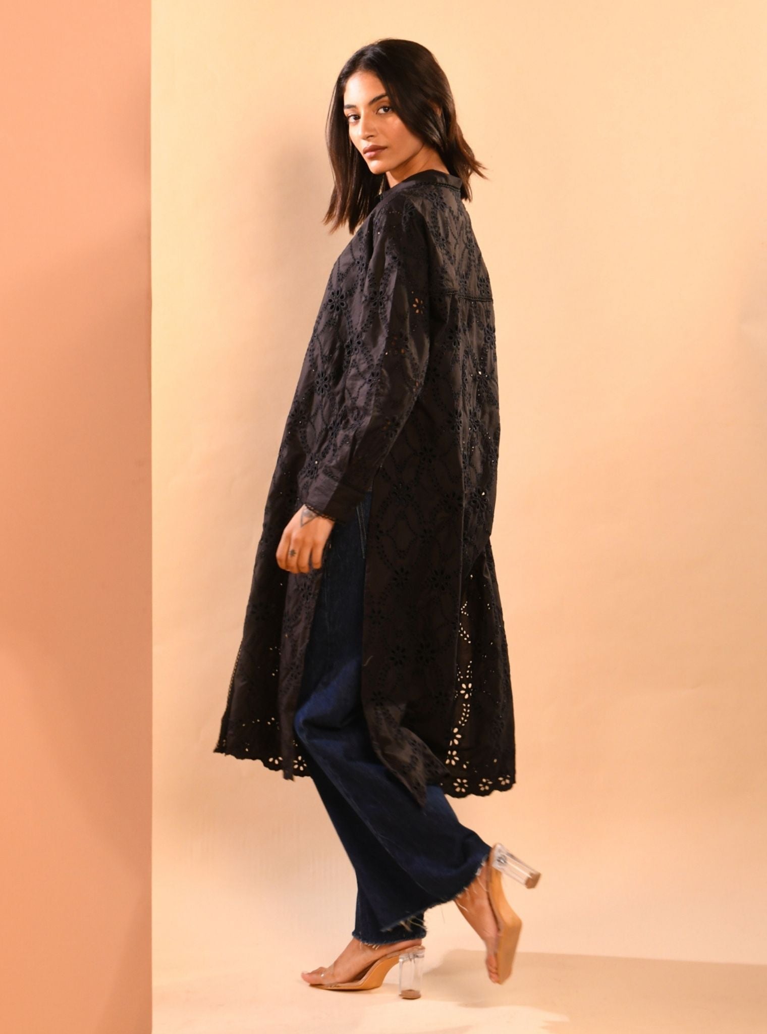 Mulmul Cotton Trix Black Long Shirt with Mulmul Cotton Trix Black Pant