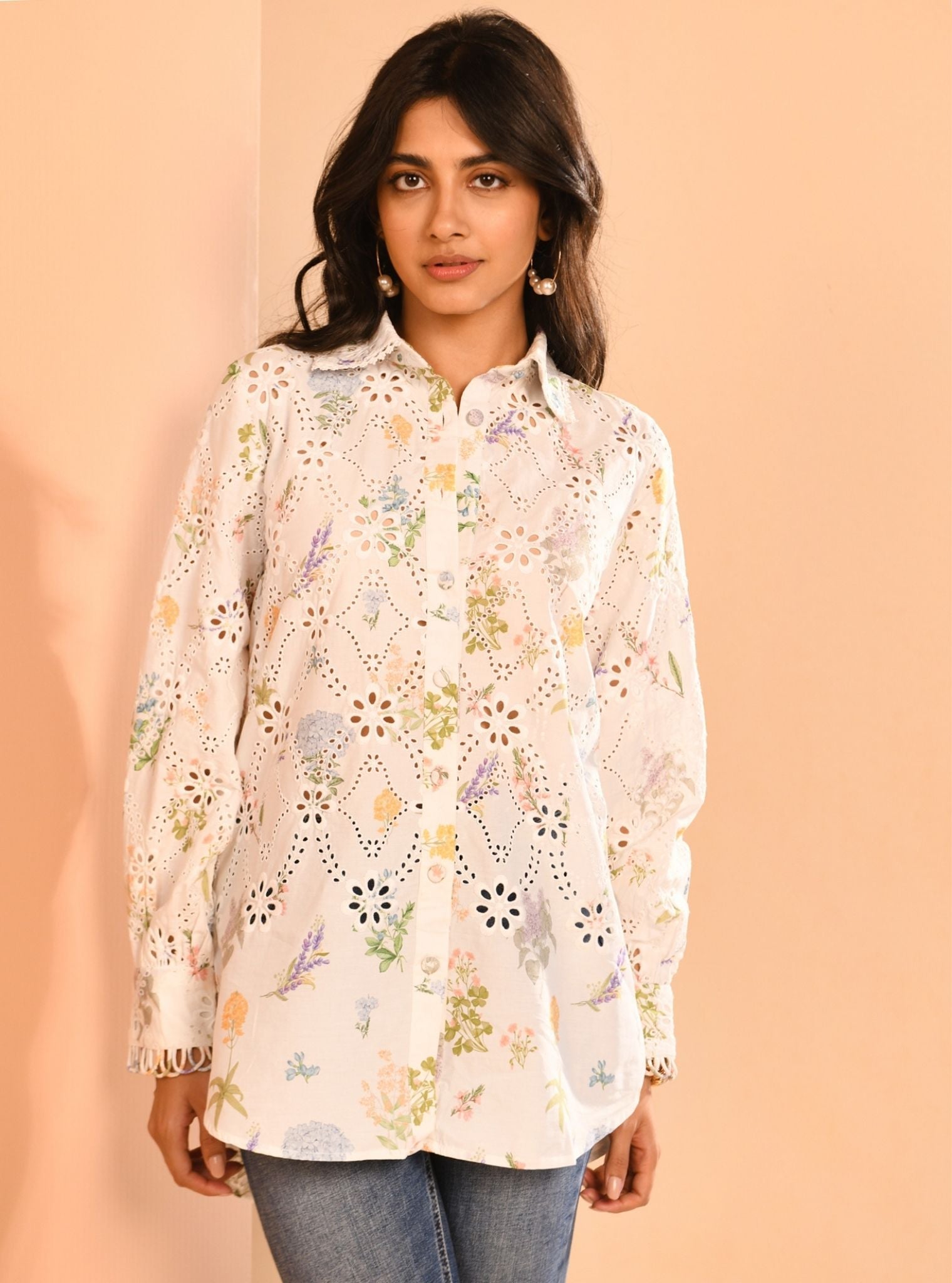 Mulmul Iconic Cotton Jem Printed White Shirt