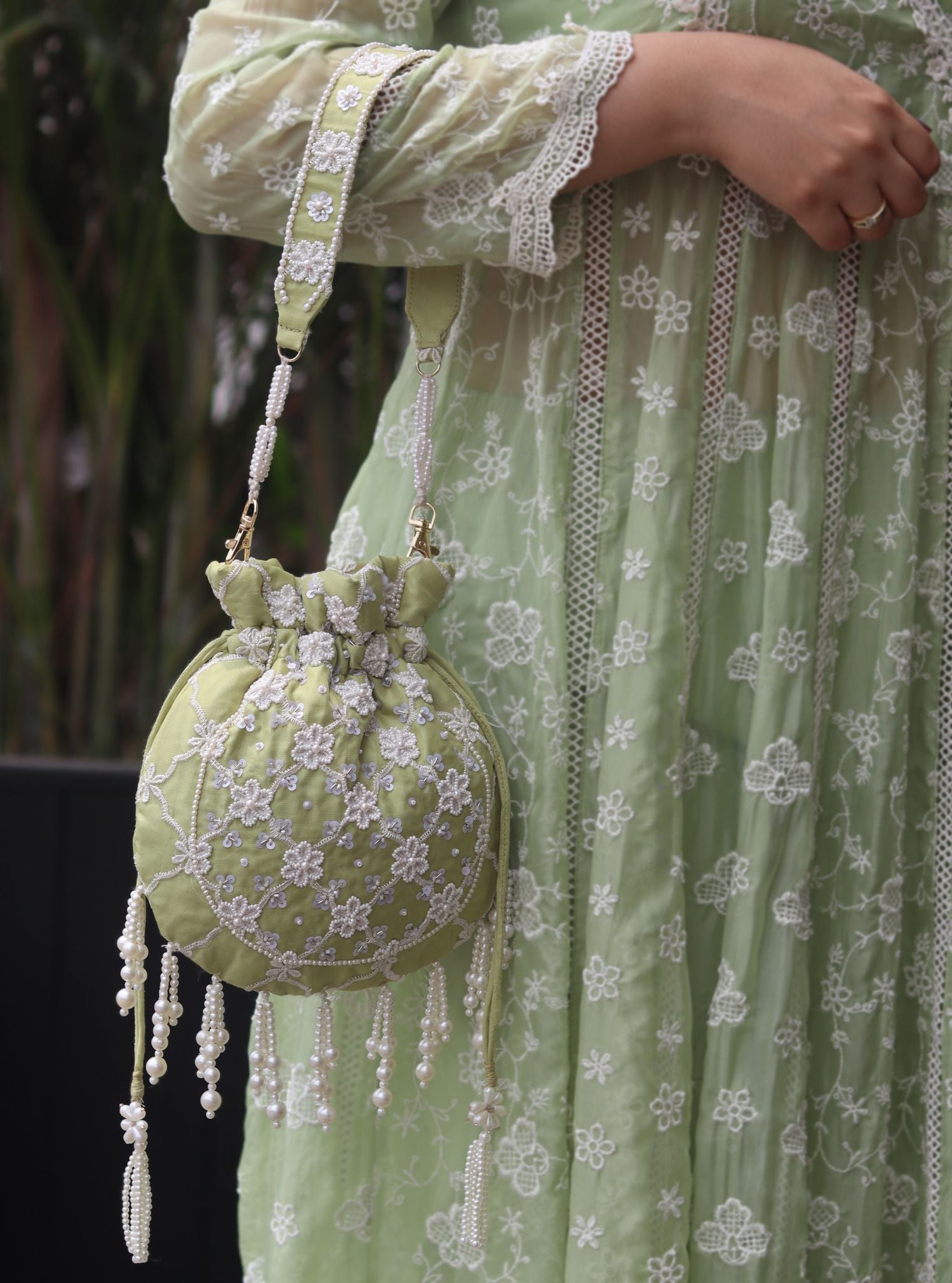 Mulmul Ruhani Lime Green Potli Bag