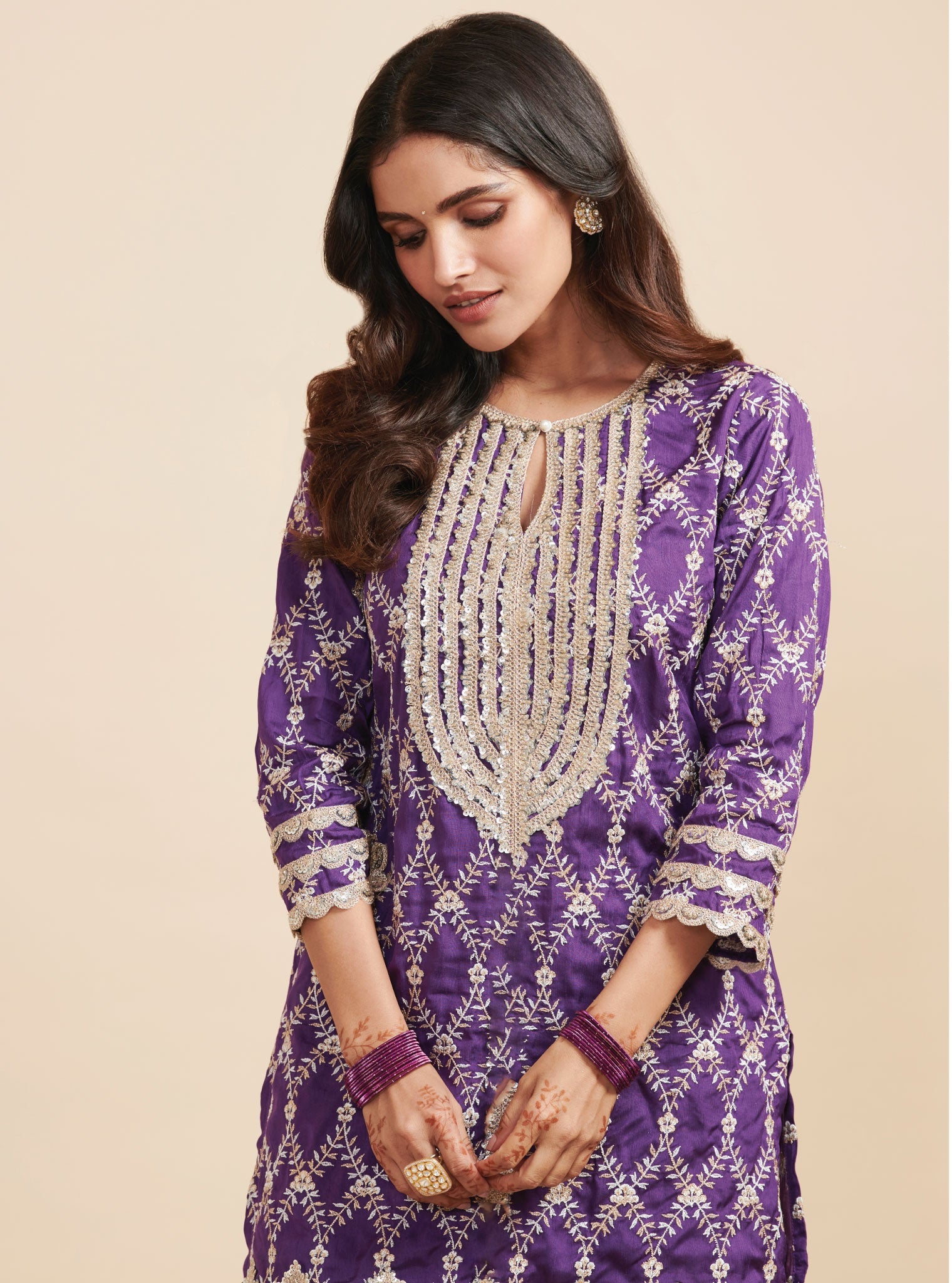 Mulmul Silk Kajra Purple Short Kurta With Mulmul Organza Kajra Purple Garara