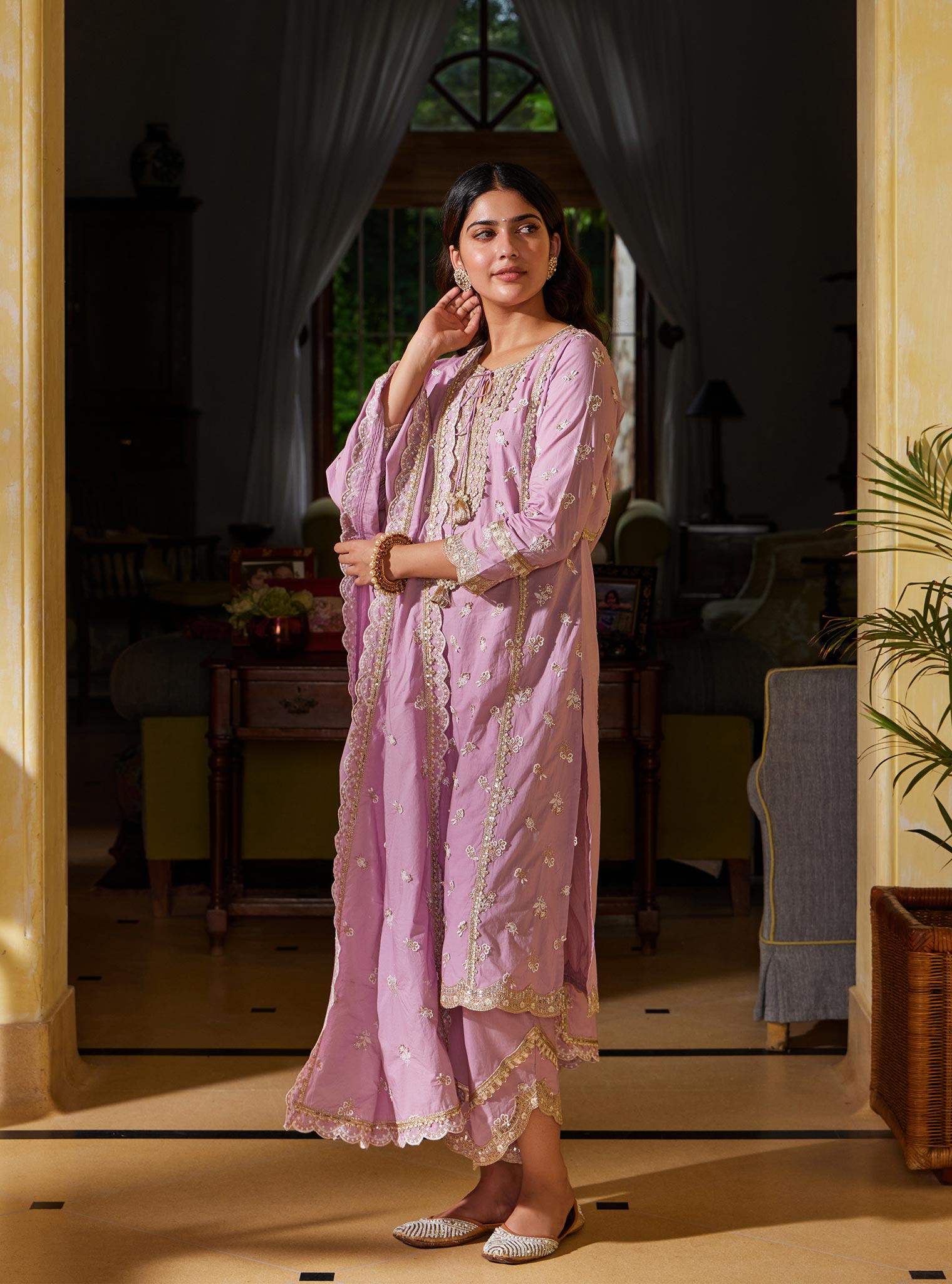 Mulmul Cotton Adah Lilac Kurta with Mulmul Cotton Adah Lilac Pant