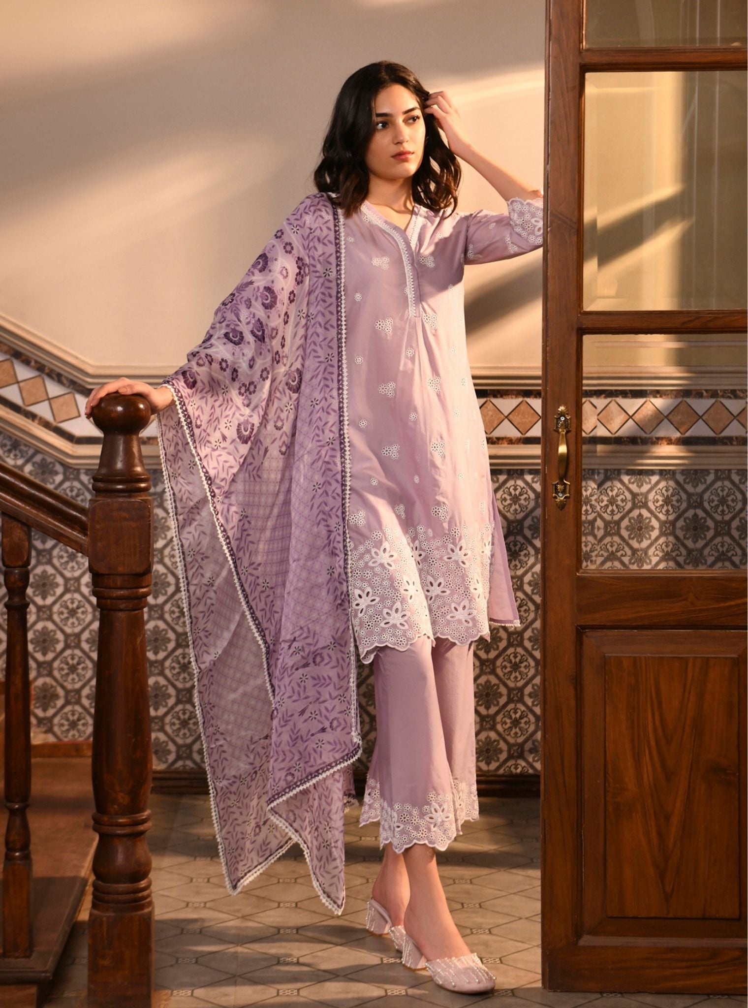 Mulmul Cotton Effat Lilac Kurta With Mulmul Cotton Effat Lilac Pant