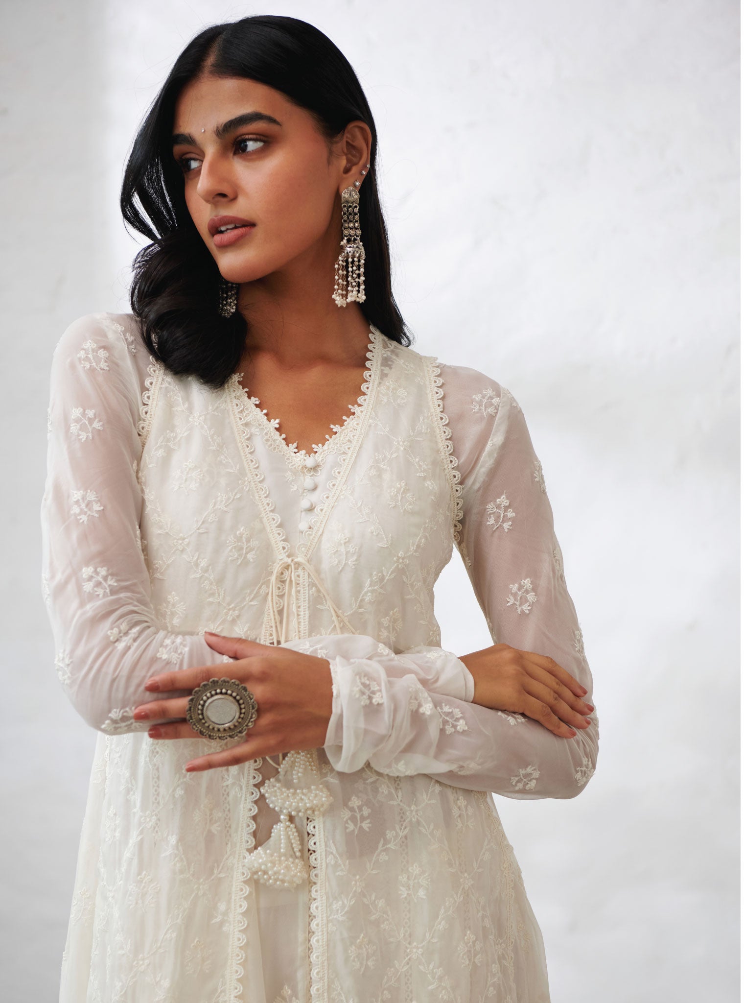 Mulmul Organza Essex Off White Anarkali Kurta with Organza Jacket With Cotton Essex Off White Pant