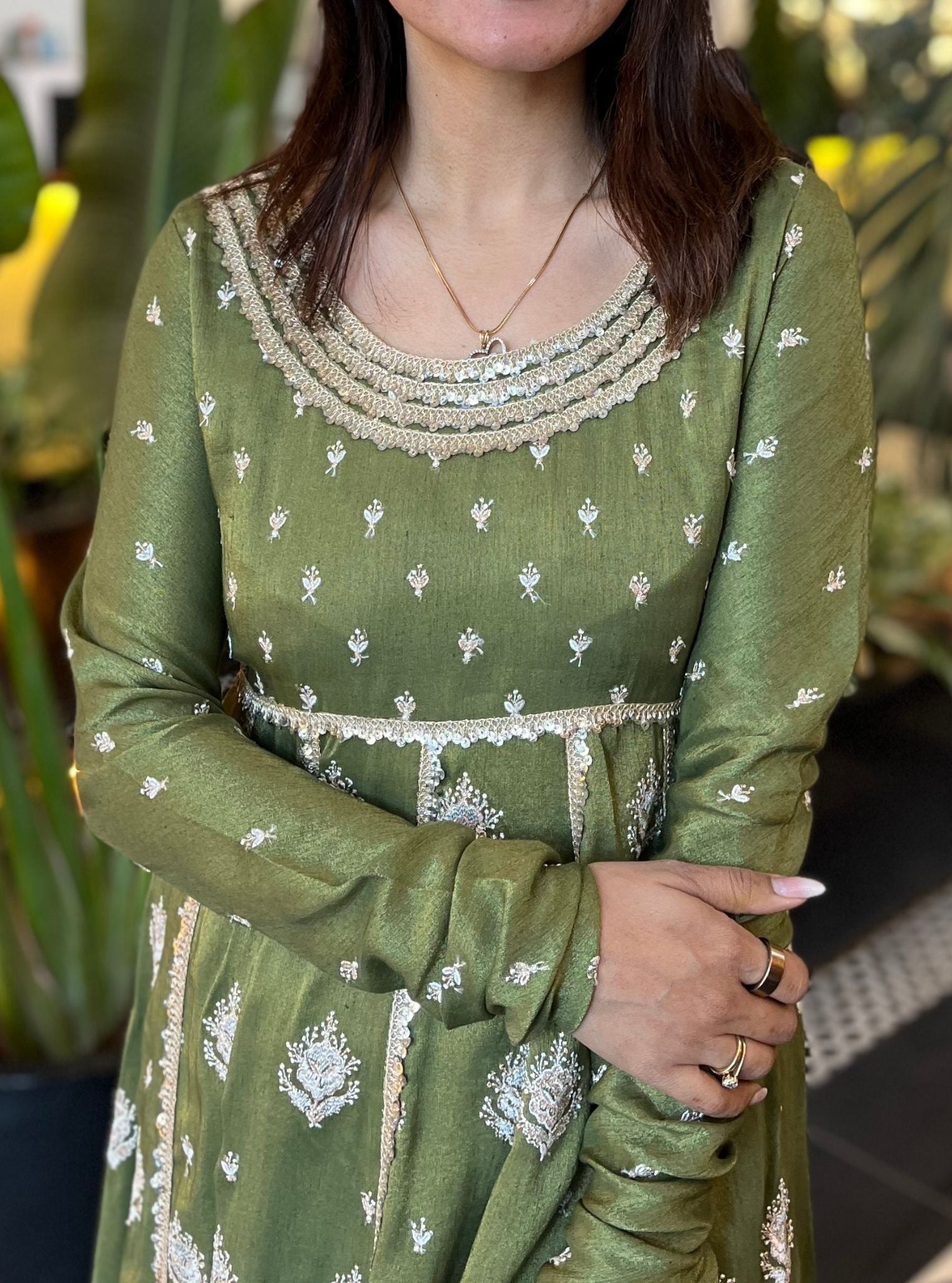 Mulmul Organza Gulabo Green Anarkali Kurta With Mulmul Cupro Gulabo Green pant