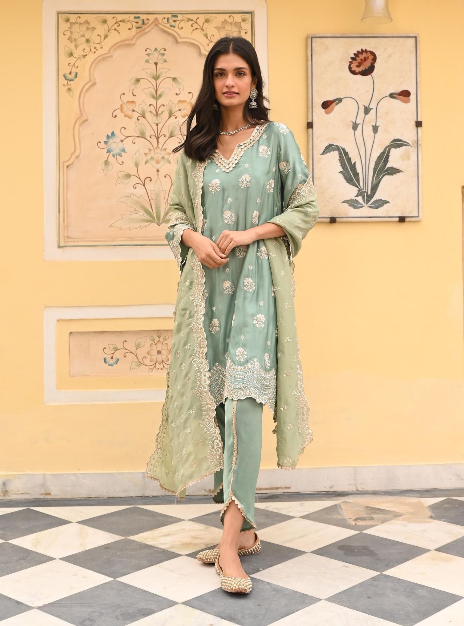 Mulmul Luxe Satin Mehar Teal Blue Kurta with Mulmul Luxe Satin Mehar Teal Blue Pant