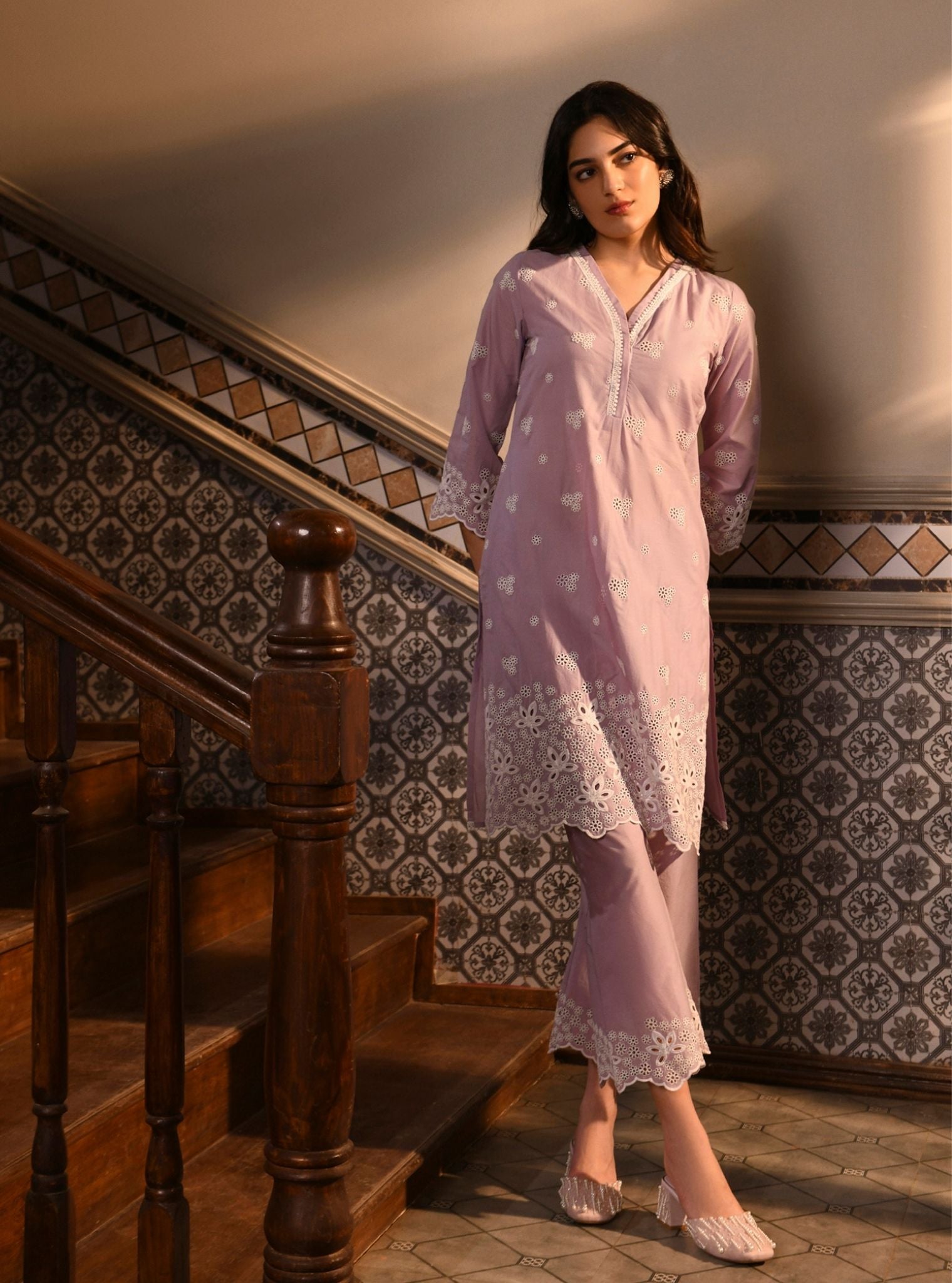 Mulmul Cotton Effat Lilac Kurta With Mulmul Cotton Effat Lilac Pant