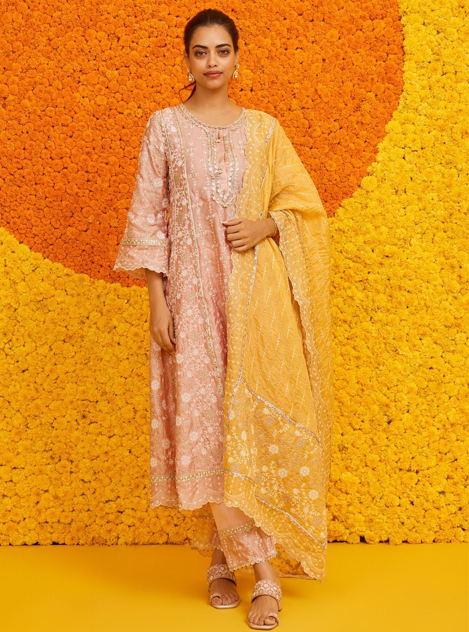 Mulmul Organza Satin Saathiya Pink Kurta With Mulmul Pima Satin Saathiya Pink Pant