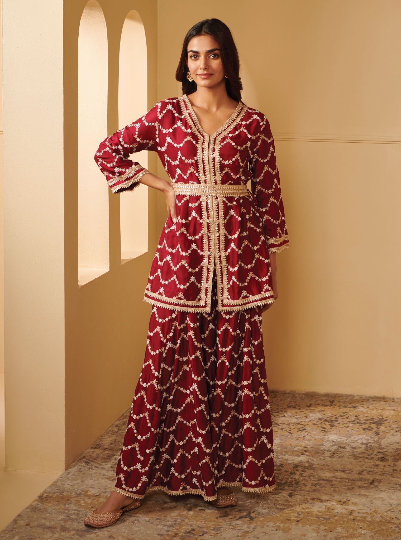 Mulmul Cupro Silk Astita Wine Kurta With Astita Wine Sharara