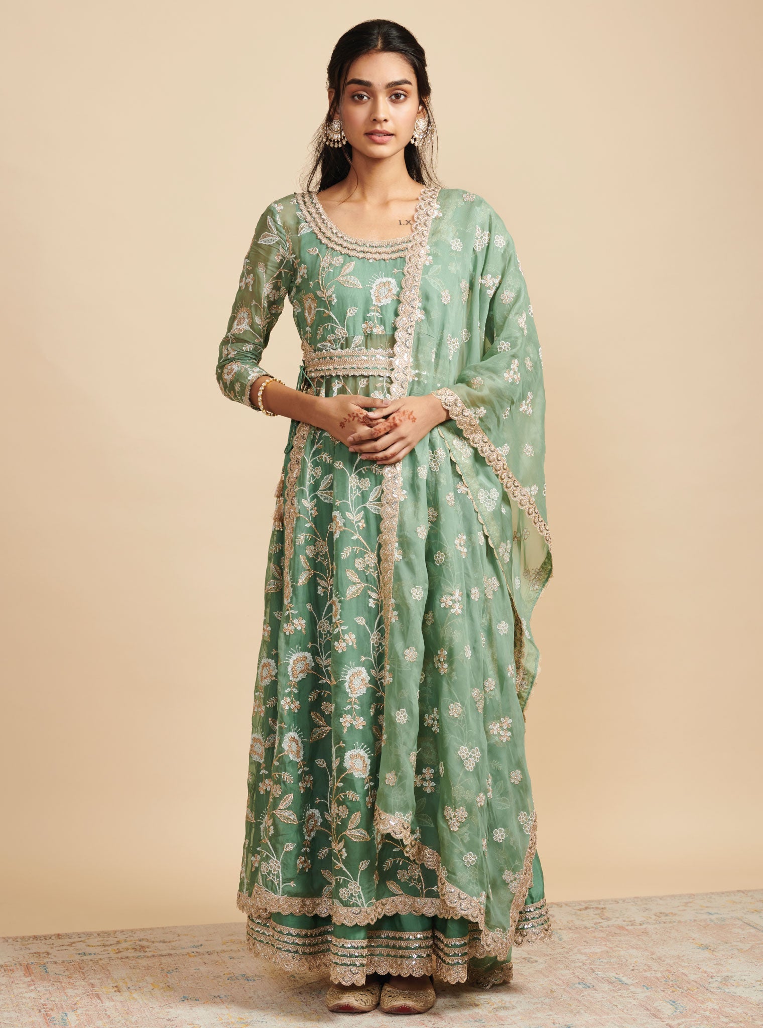 Mulmul Organza Masakali Green Long Kurta With Mulmul Cupro Masakali Green Skirt