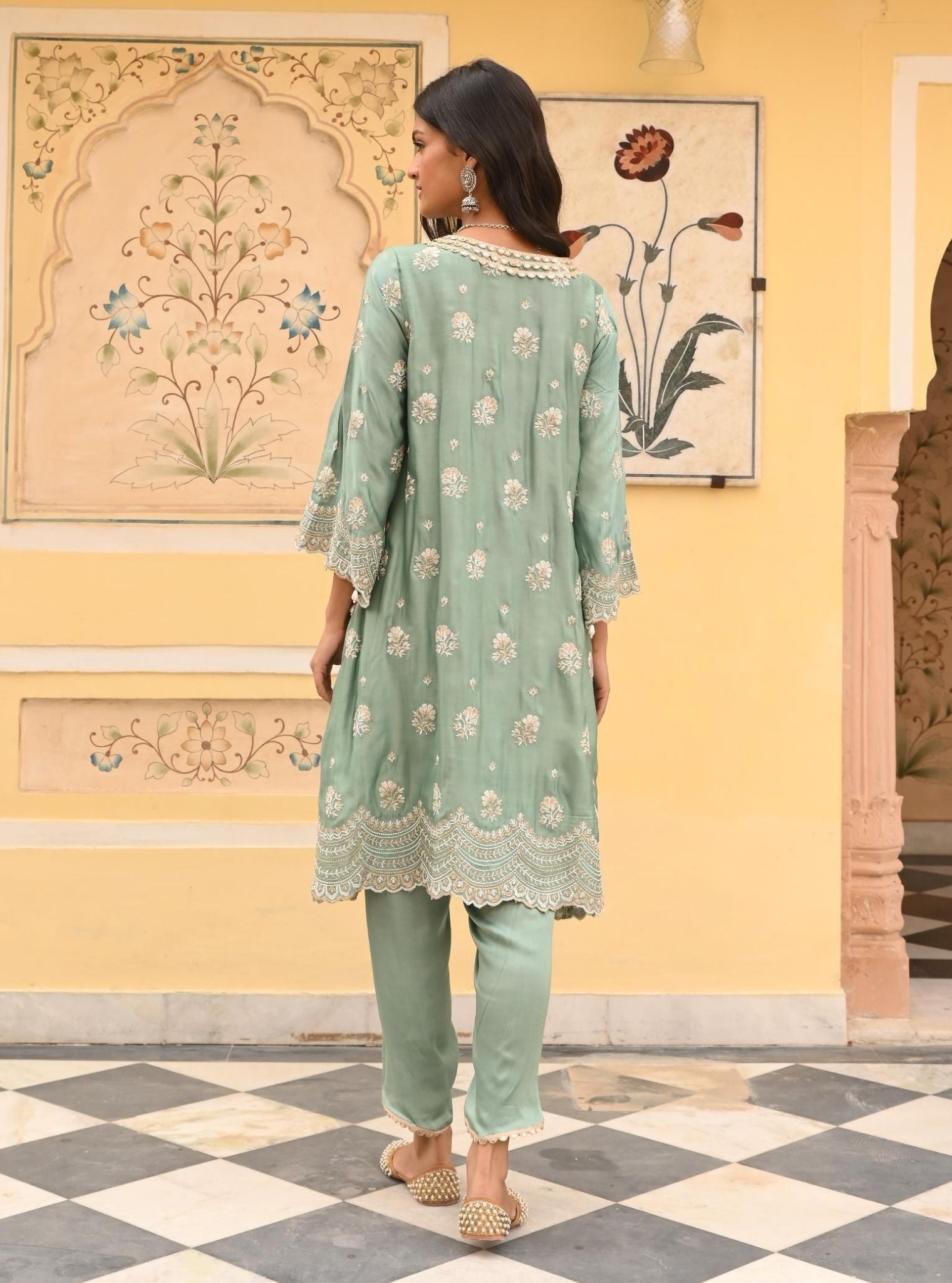 Mulmul Luxe Satin Mehar Teal Blue Kurta with Mulmul Luxe Satin Mehar Teal Blue Pant